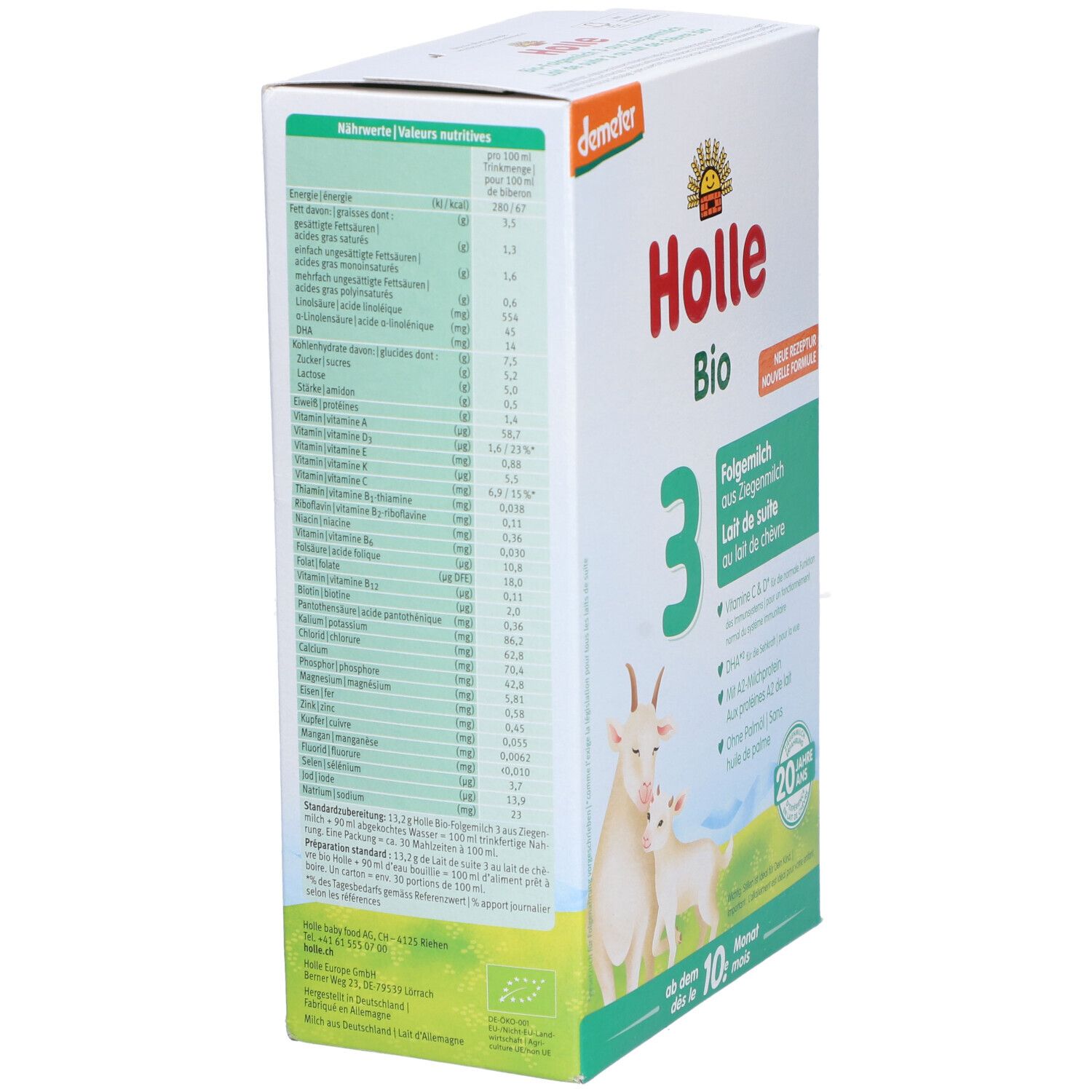 Holle Bio 3 Verpackung, Nährwerttabelle auf der Seite. Enthält Informationen zu Energie, Fett, Kohlenhydraten, Eiweiß und Vitaminen.
