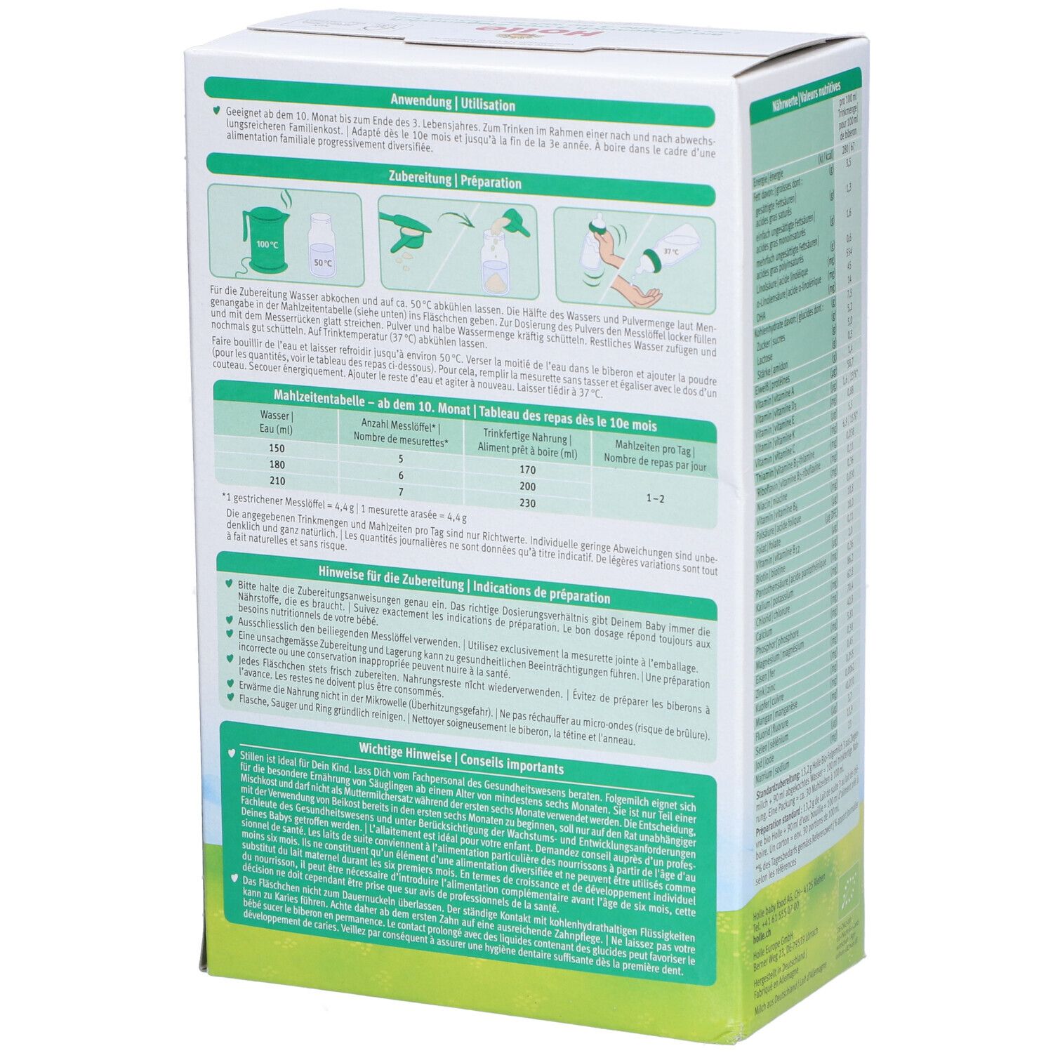 Holle Bio 3 Verpackung, Rückseite mit Zubereitungshinweisen. Illustrationen zeigen die Zubereitungsschritte für die Säuglingsnahrung.