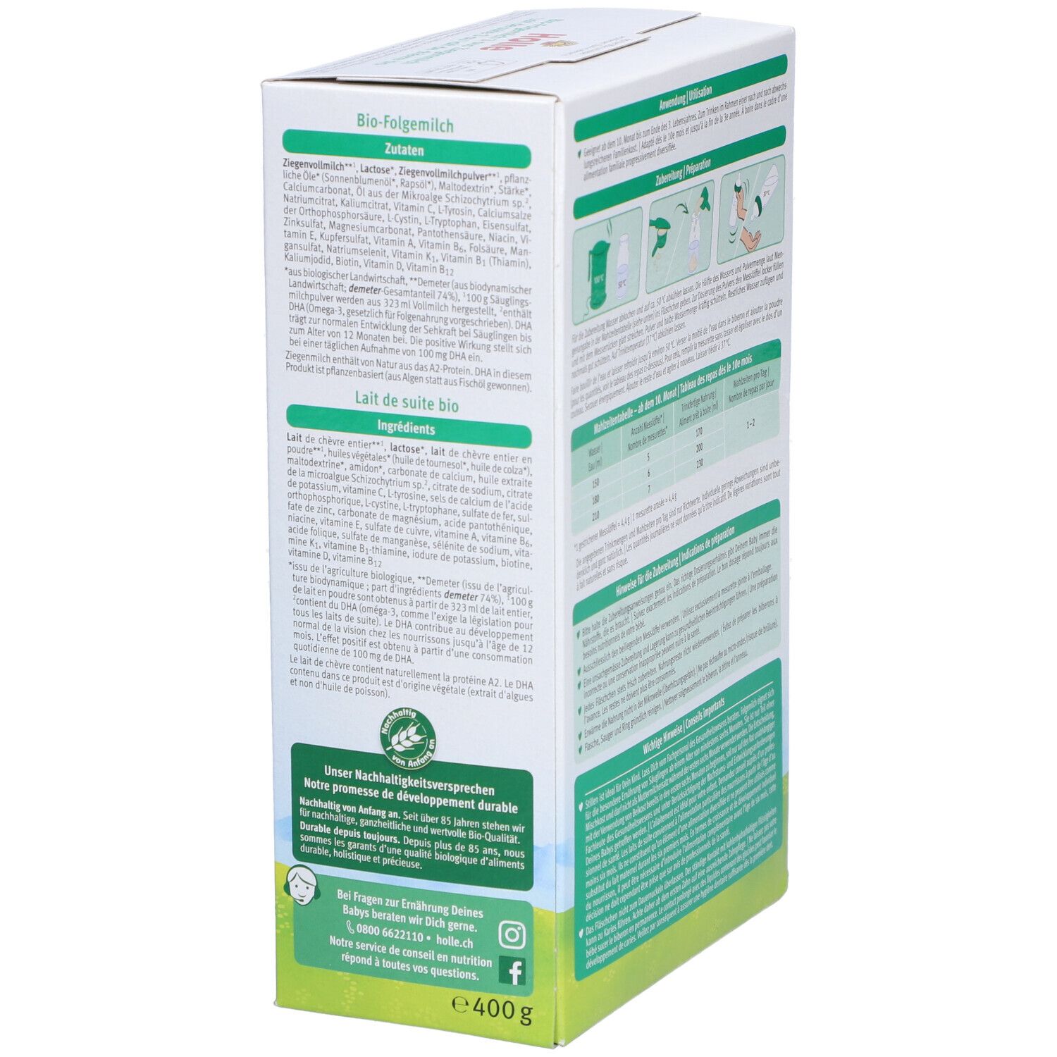 Holle Bio 3 Verpackung, Zutatenliste und Nährwertangaben. Enthält Informationen über Inhaltsstoffe und Nährwerte pro Portion.