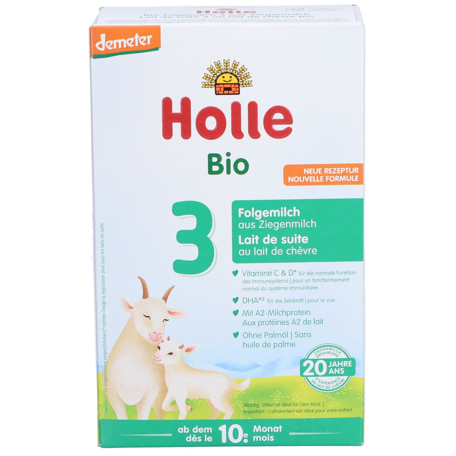 Holle Bio 3 Folgemilch aus Ziegenmilch. Verpackung mit Ziegen-Illustration. Enthält Vitamin C & D, DHA, A2-Milchprotein, ohne Palmöl.