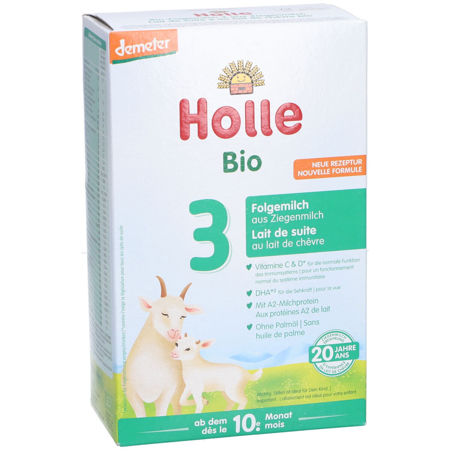 Holle Bio 3 Folgemilch aus Ziegenmilch. Verpackung mit Ziegen-Illustration. Enthält Vitamin C & D, DHA, A2-Milchprotein, ohne Palmöl.