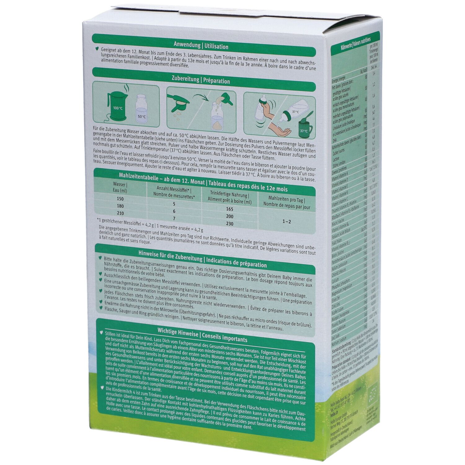 Holle Bio 4 Ziegenmilch-Packung, Rückseite mit Zubereitungshinweisen. Enthält Anweisungen zur Zubereitung und Dosierung.