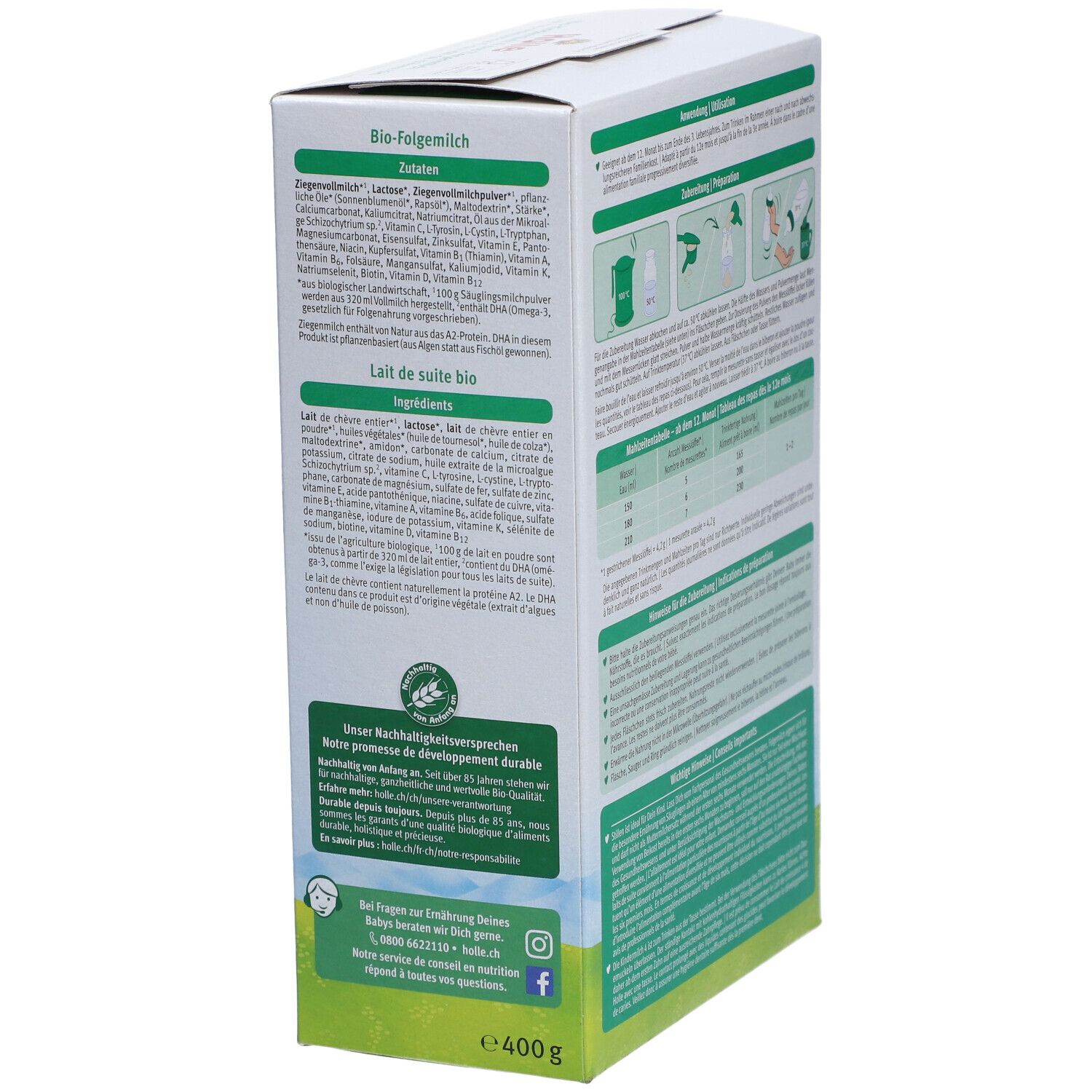 Holle Bio 4 Ziegenmilch-Packung, Rückseite mit Zutatenliste. Enthält Informationen zu Inhaltsstoffen und Nährwerten.
