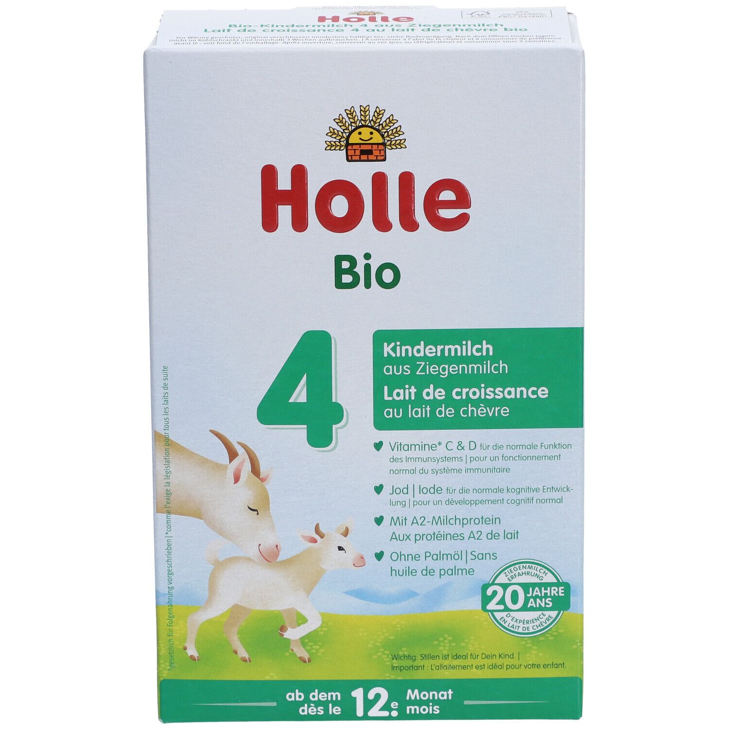 Holle Bio 4 Ziegenmilch-Packung. Vorderseite mit Produktinformationen und Logo. Ab dem 12. Monat.