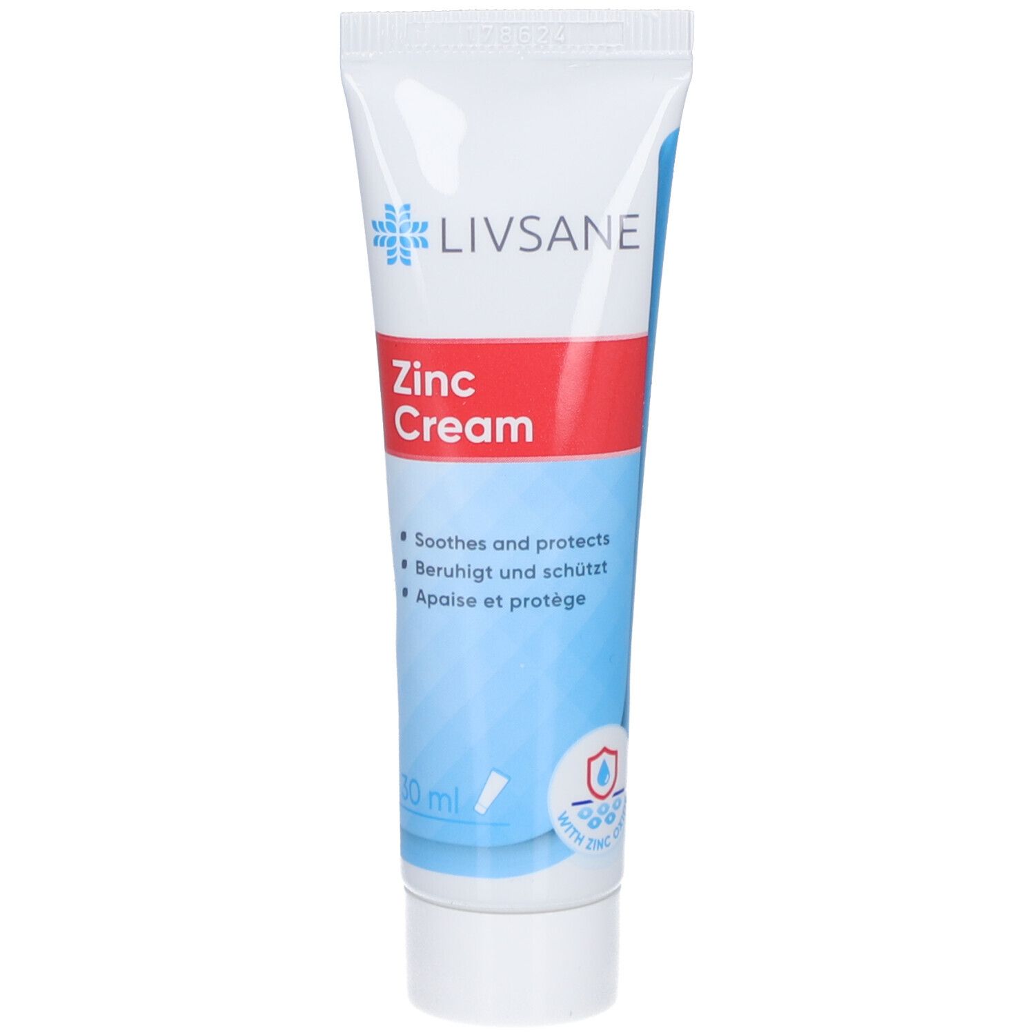 Tube LIVSANE Zink Cream. Weiß, blau und rot. Enthält Zinkoxid. Text: Soothes and protects, Beruhigt und schützt, Apaise et protège.