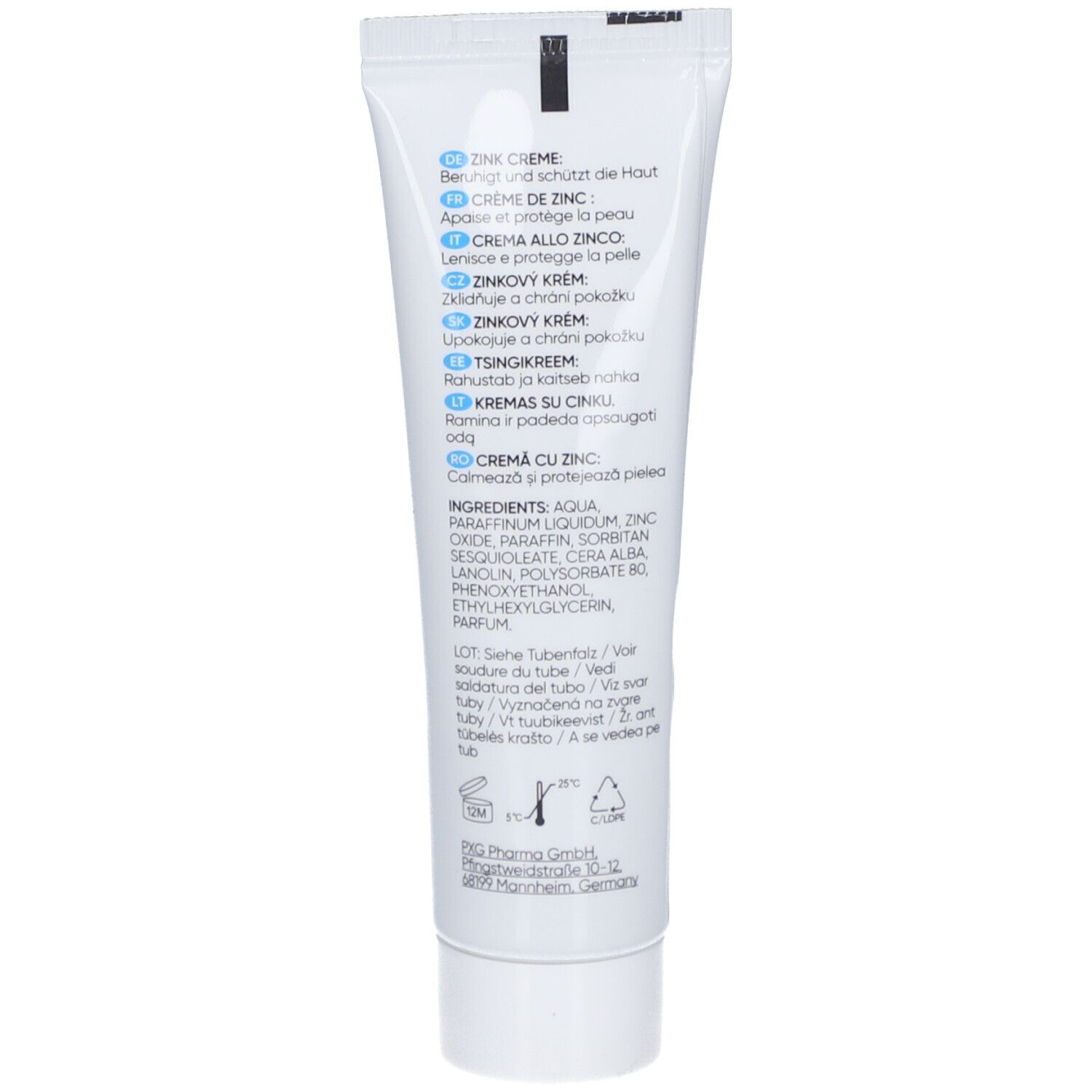 Rückseite der Tube. Text in mehreren Sprachen: Zink Creme, Creme de Zinc, Crema allo Zinco, Zinkovy Krem, Zinkovy Krem, Zinkcreme, Kremas su cinku, Crema cu Zinc.