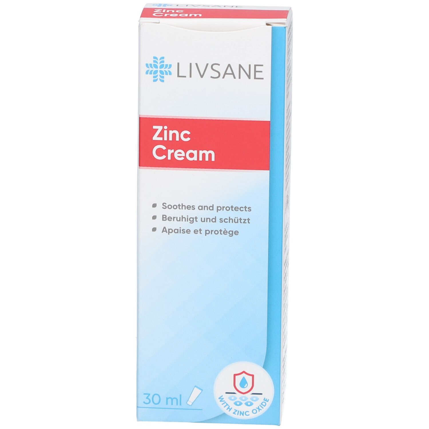 Schachtel LIVSANE Zink Cream. Weiß, blau und rot. Enthält Zinkoxid. Text: Soothes and protects, Beruhigt und schützt, Apaise et protège. 30 ml.