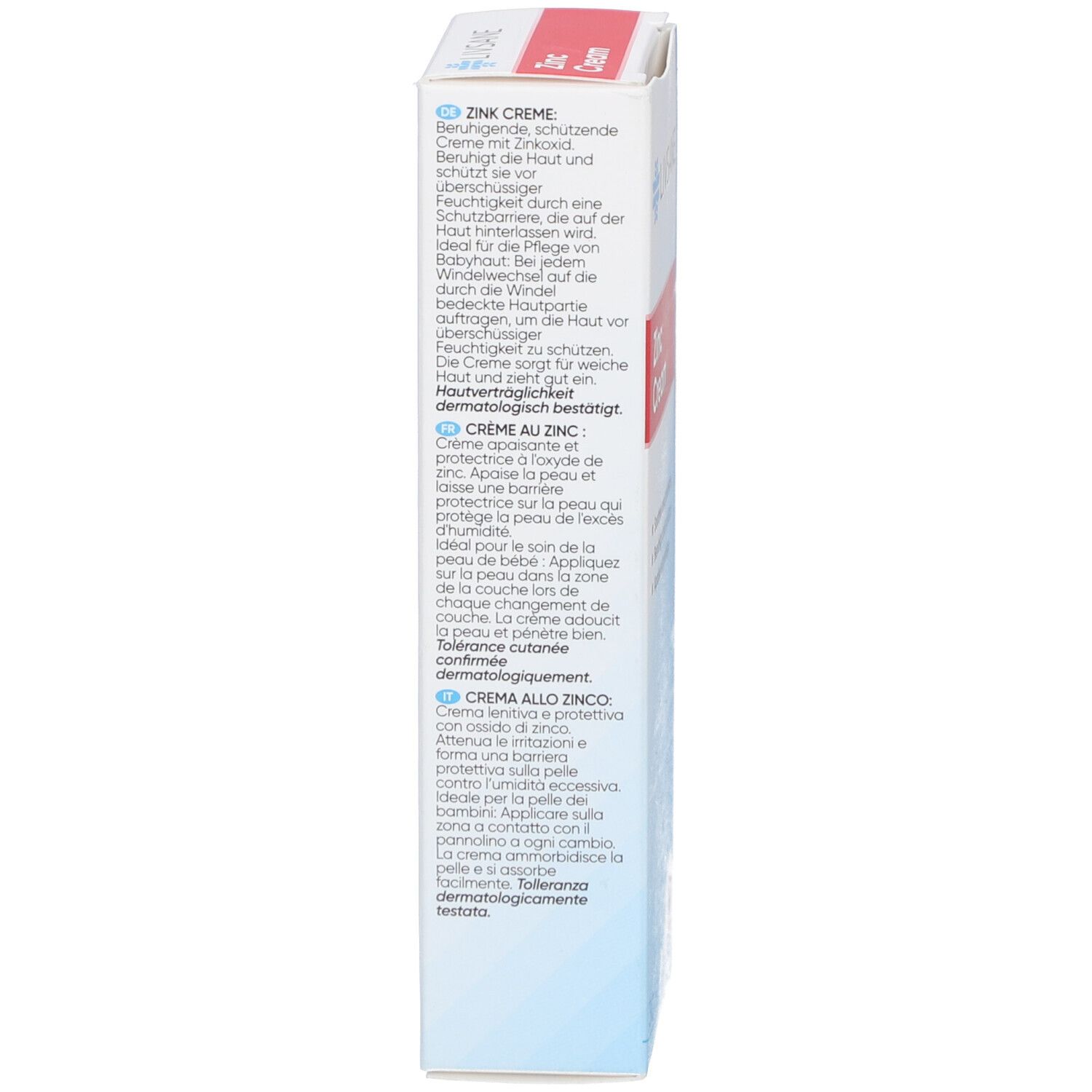 Rückseite der Schachtel. Text in mehreren Sprachen: Zink Creme, Creme au Zinc, Crema allo Zinco, Zinkovy Krem, Zinkovy Krem, Zinkcreme, Kremas su cinku, Crema cu Zinc.
