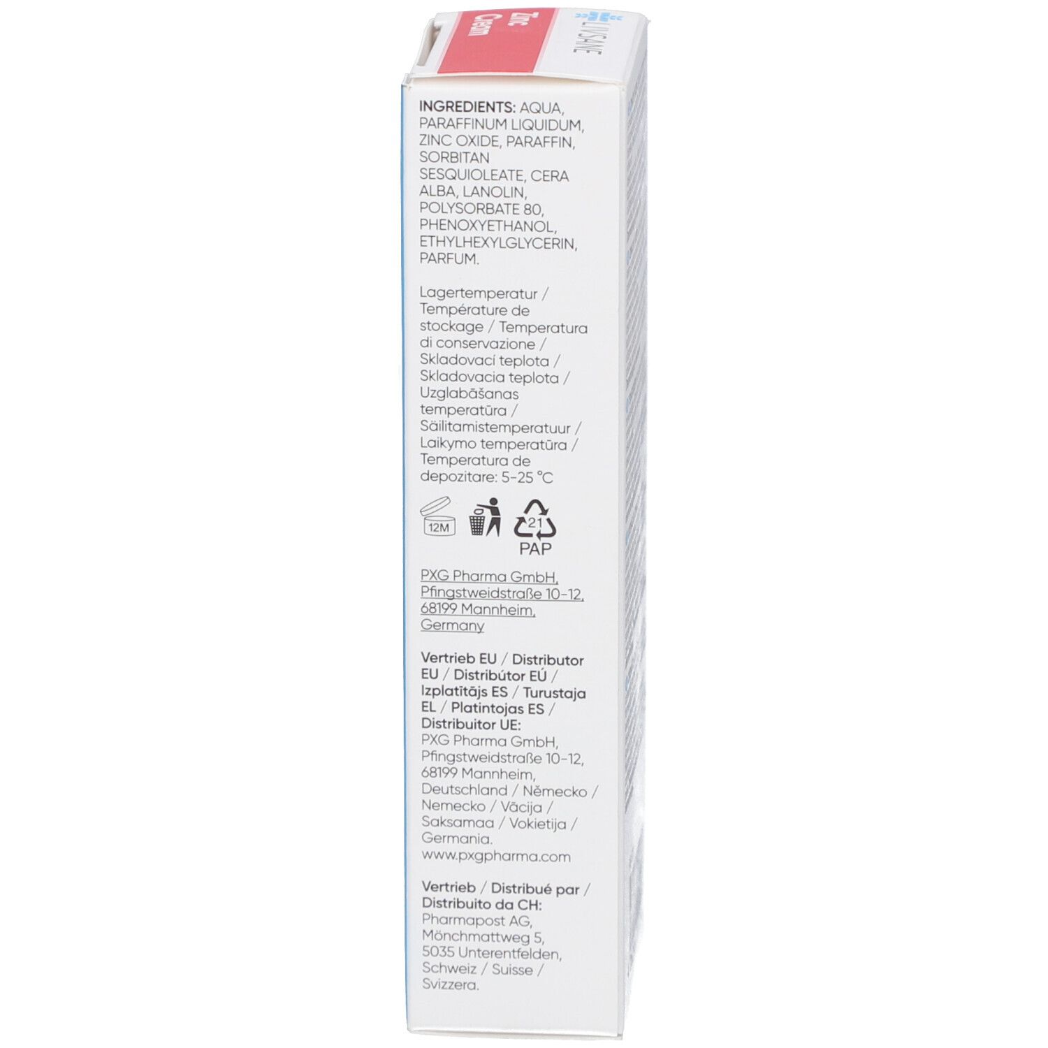 Seite der Schachtel. Inhaltsstoffe, Lagerungshinweise, Herstellerinformationen. Text in mehreren Sprachen. Dermatologisch getestet.