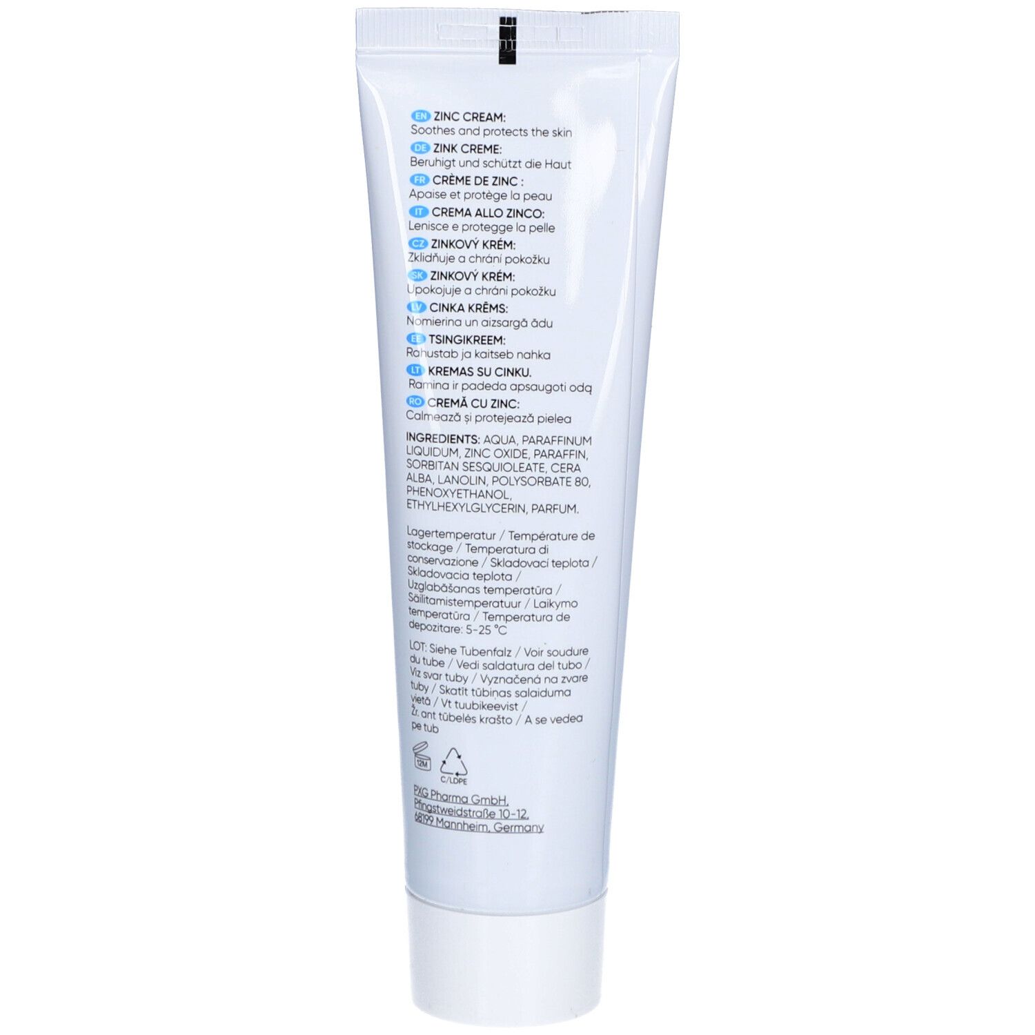 Rückseite der Tube LIVSANE Zink Cream. Text: Inhaltsstoffe, Anwendungshinweise, Herstellerinformationen.