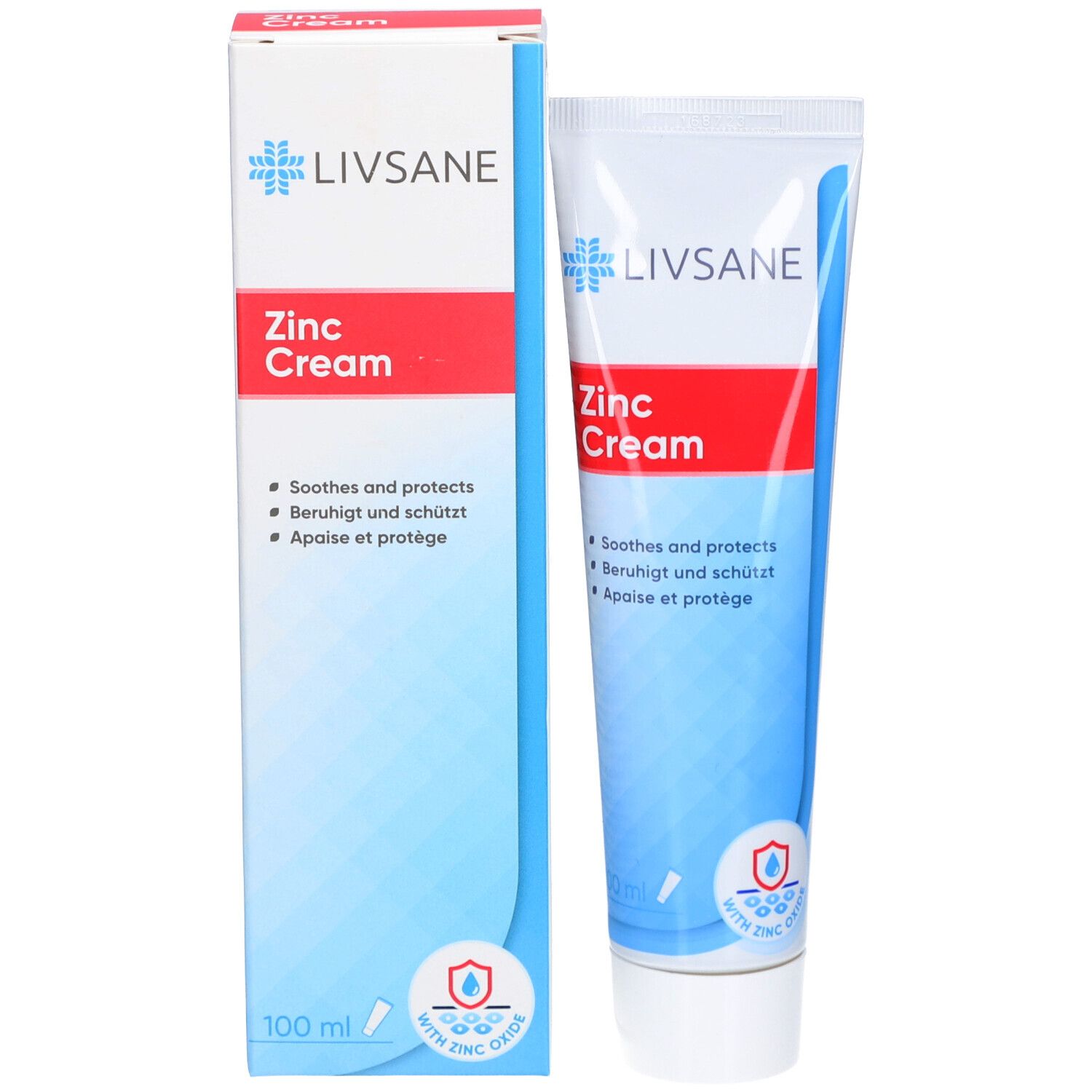 LIVSANE Zink Cream Tube und Verpackung. Weiß, blau, rot. Text: Zinc Cream, beruhigt und schützt. Mit Zinkoxid.
