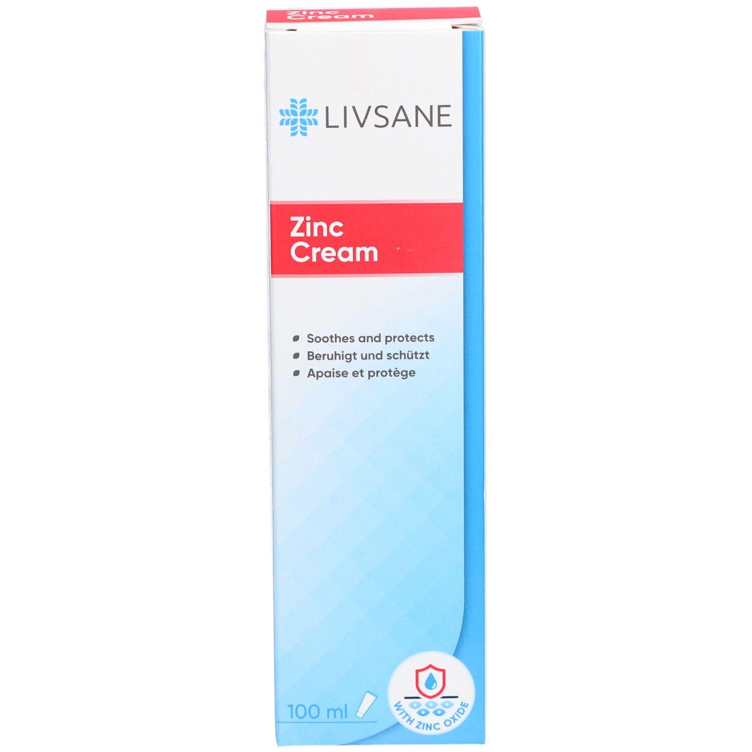 Verpackung LIVSANE Zink Cream. Weiß, blau, rot. Text: Zinc Cream, beruhigt und schützt. Mit Zinkoxid.