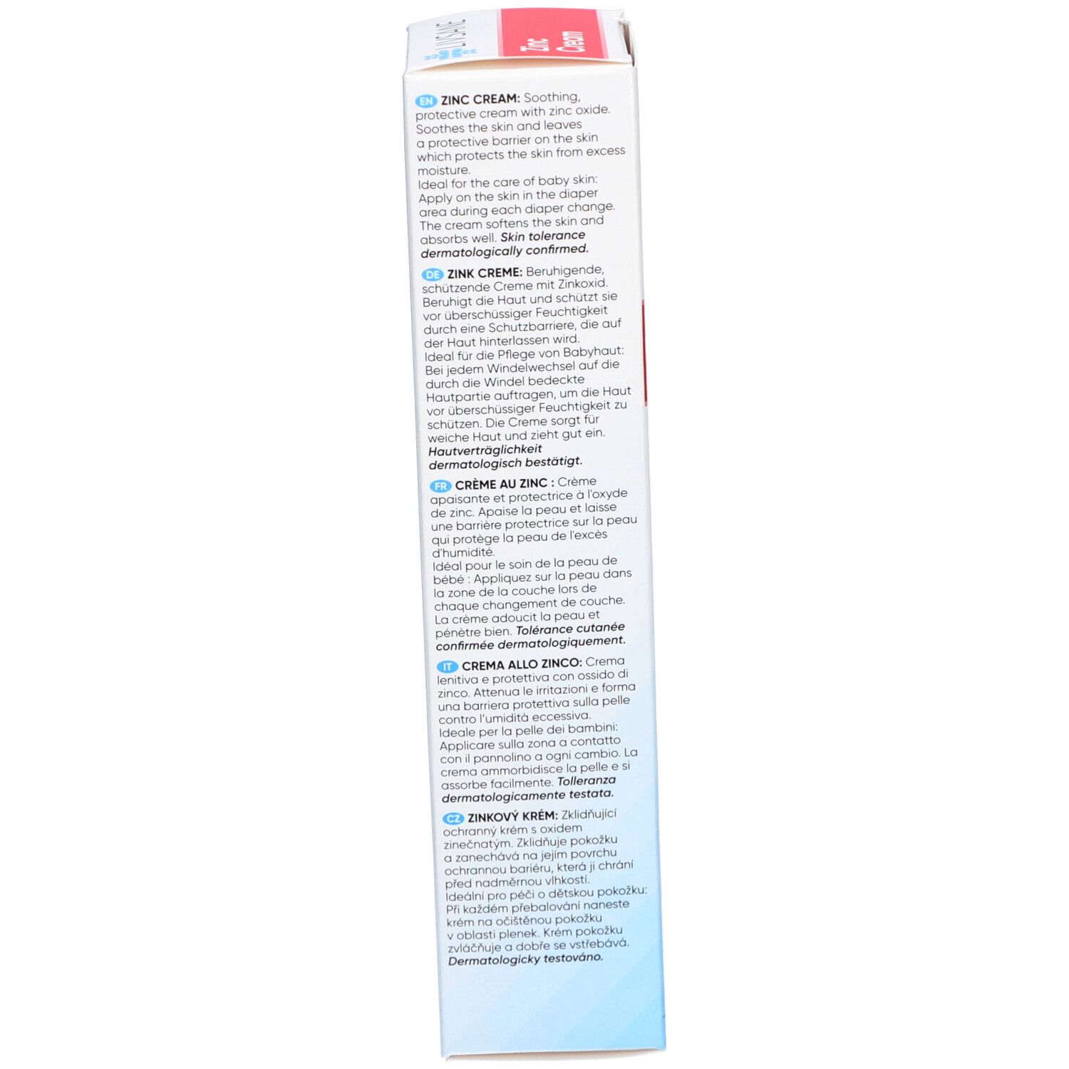 Seite der Verpackung LIVSANE Zink Cream. Text: Anwendung, dermatologisch getestet.