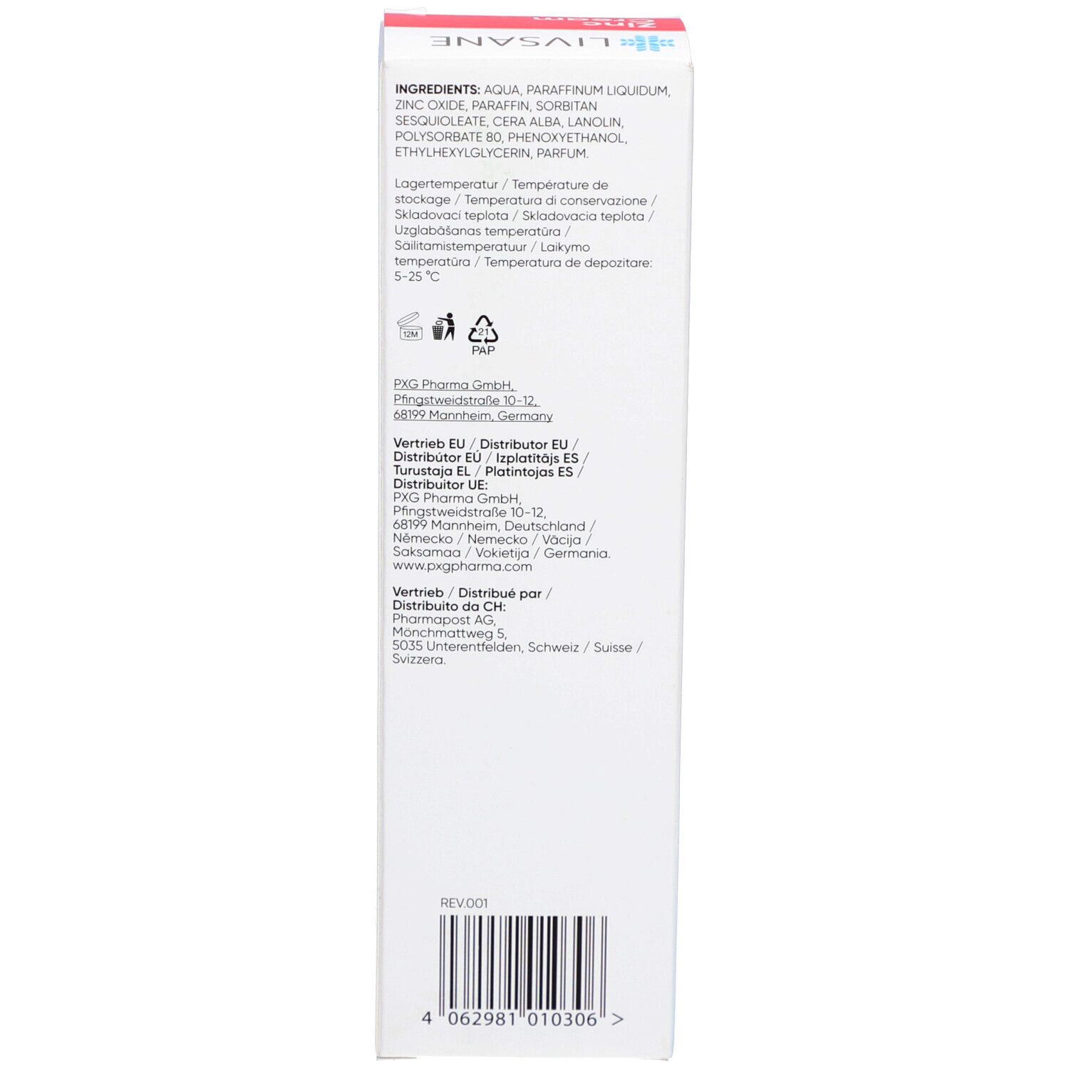 Seite der Verpackung LIVSANE Zink Cream. Text: Inhaltsstoffe, Herstellerinformationen, Chargennummer.