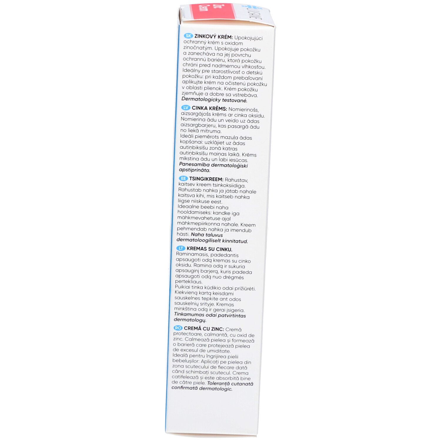 Seite der Verpackung LIVSANE Zink Cream. Text: Anwendung in verschiedenen Sprachen.