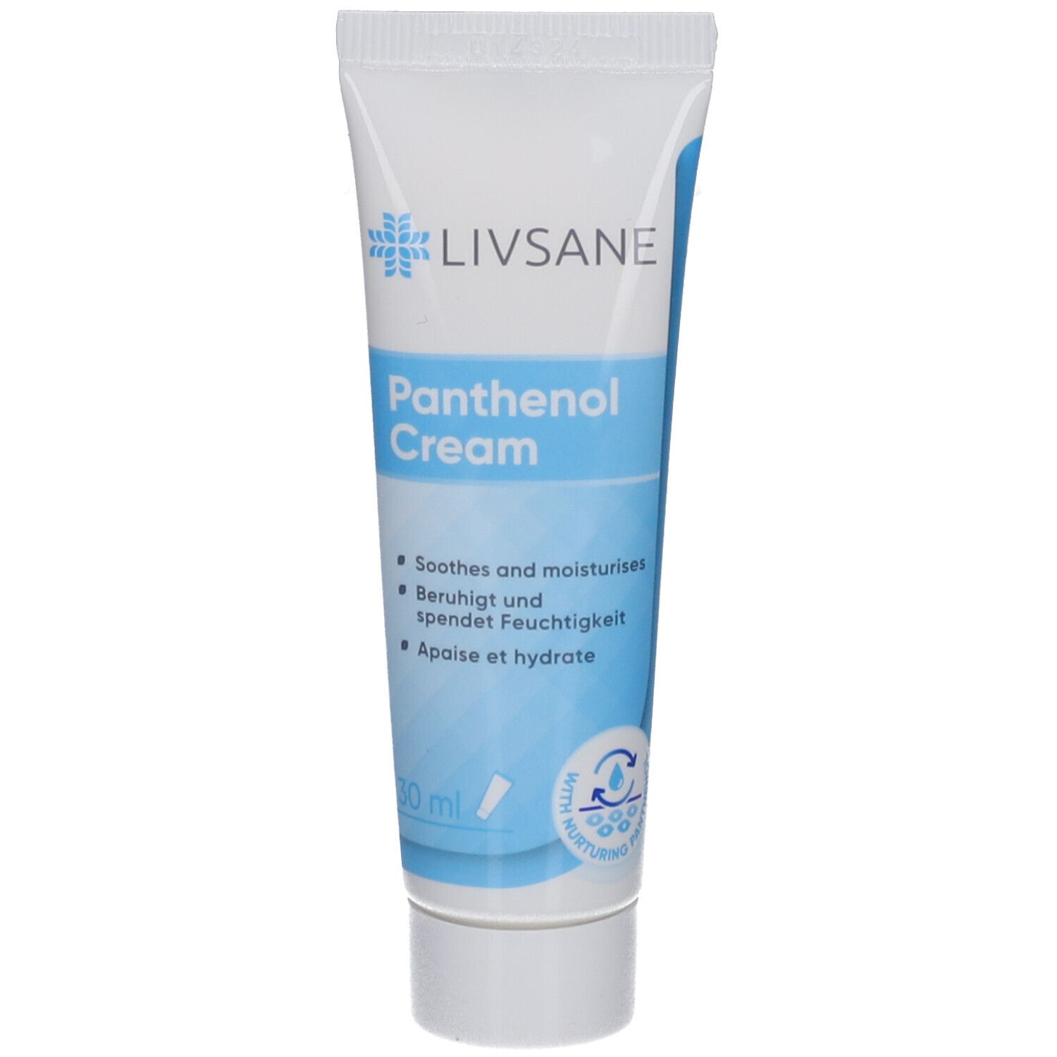 Creme-Tube mit LIVSANE-Logo und Schriftzug Panthenol Cream. Enthält Text in Deutsch, Englisch, Französisch und Niederländisch.