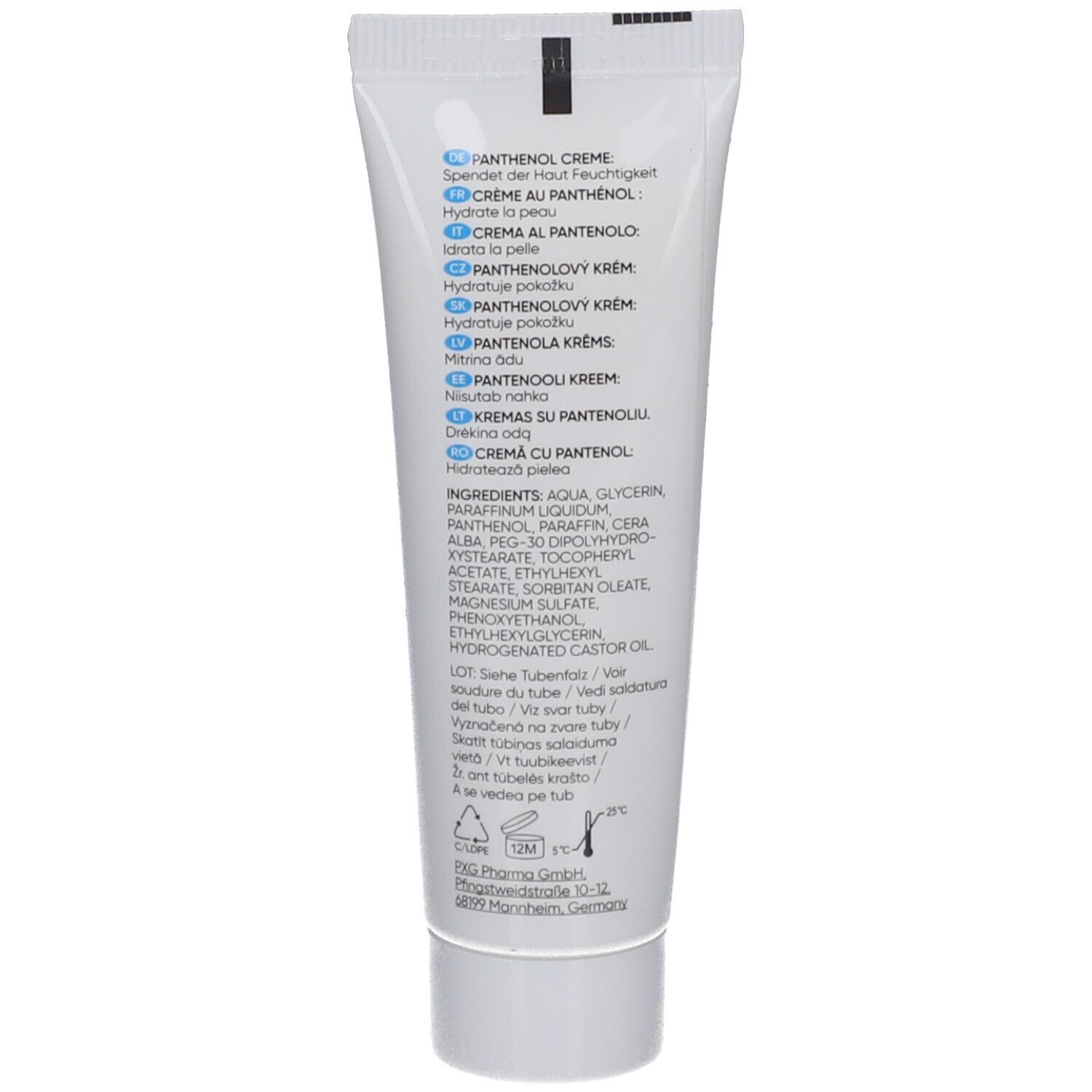Rückseite der Creme-Tube. Enthält Inhaltsstoffe, Chargennummer und Text in mehreren Sprachen. Weißer Hintergrund.