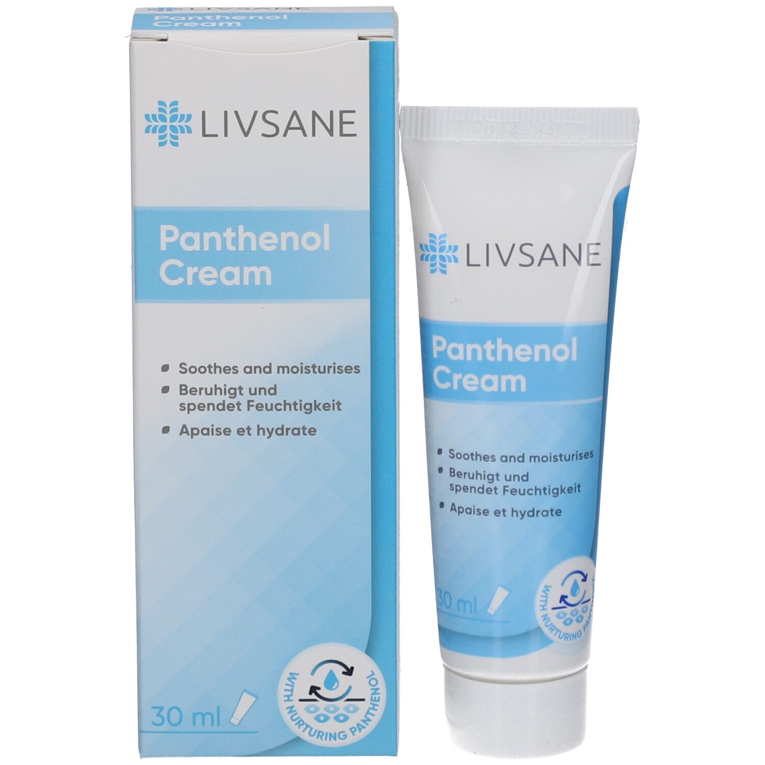 Produktverpackung mit Creme-Tube und Karton. Beide zeigen LIVSANE-Logo und Panthenol Cream. 30 ml, weiß-blau.