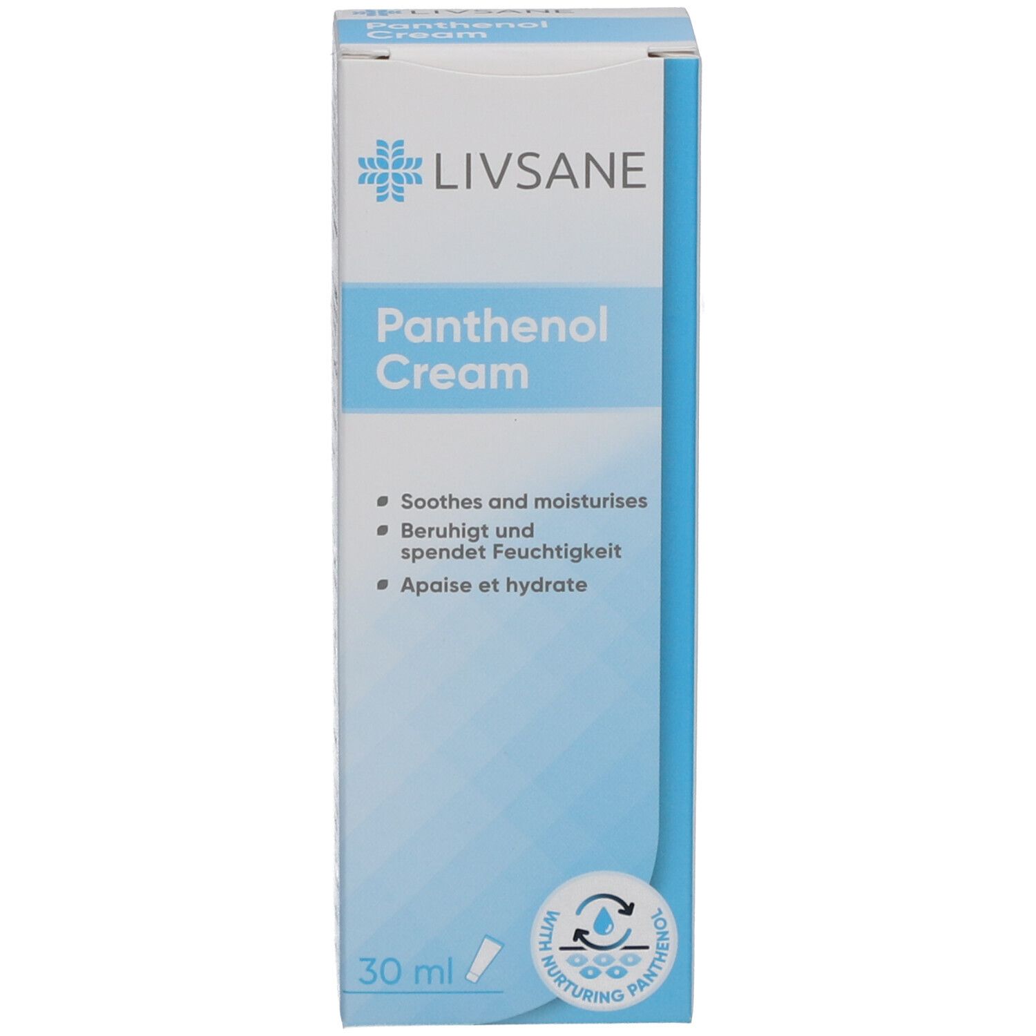 Kartonverpackung mit LIVSANE-Logo und Panthenol Cream. Enthält Text in Deutsch, Englisch, Französisch und Niederländisch. 30 ml.