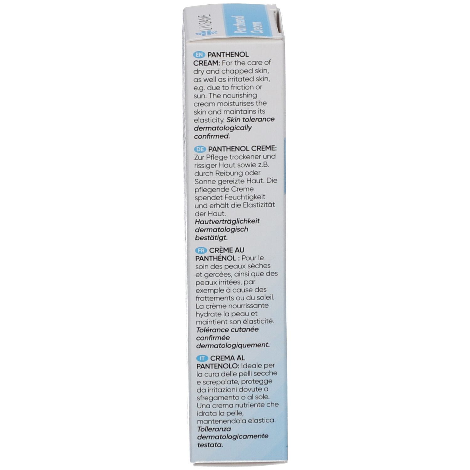 Seite der Kartonverpackung mit Text in mehreren Sprachen. Enthält Informationen zur Anwendung und dermatologische Bestätigung.