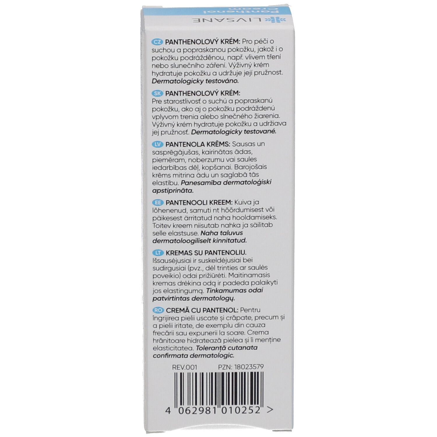 Seite der Kartonverpackung mit Text in mehreren Sprachen. Enthält Informationen zur Anwendung und dermatologische Bestätigung.