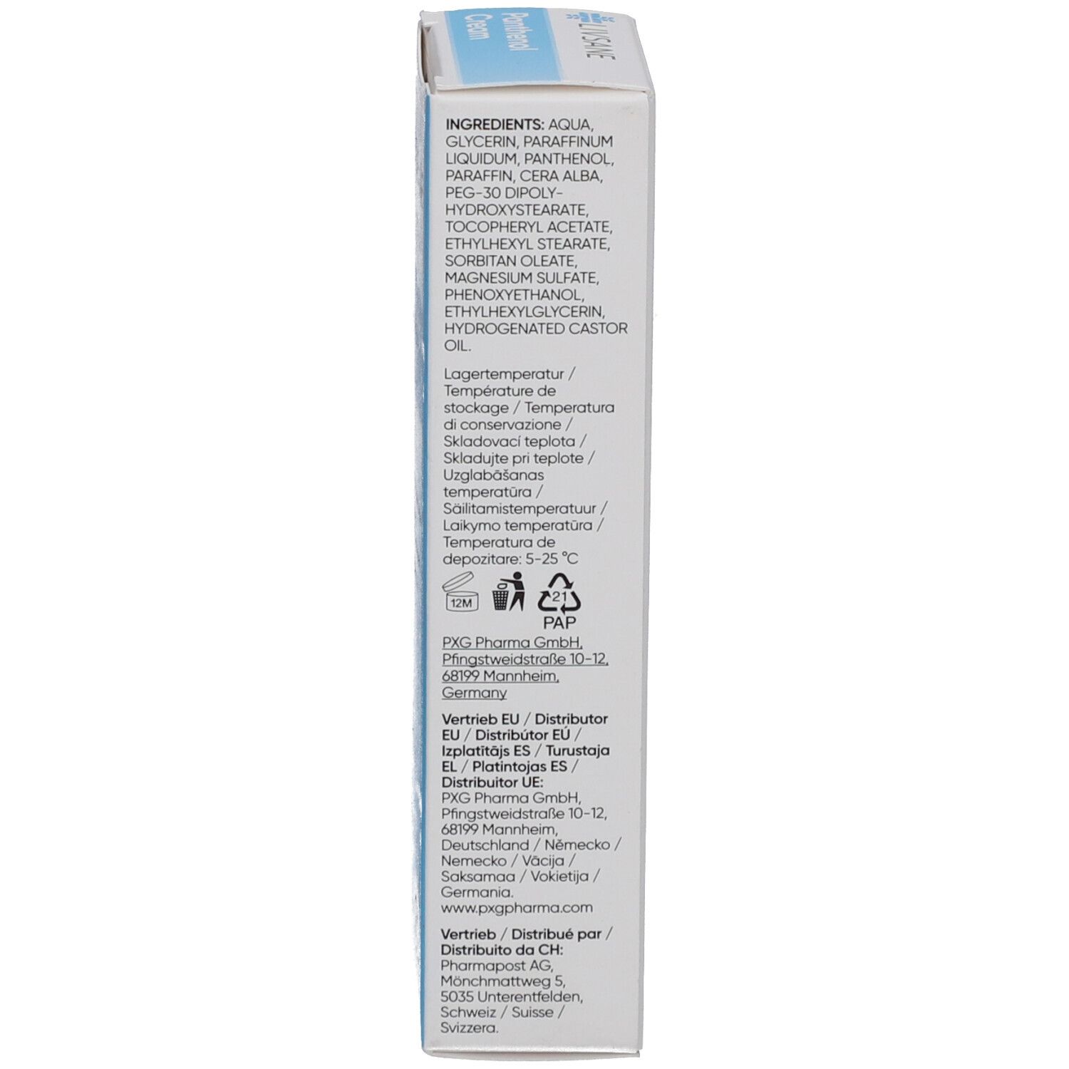 Seite der Kartonverpackung mit Inhaltsstoffen, Lagerungshinweisen und Herstellerinformationen. Weißer Hintergrund.