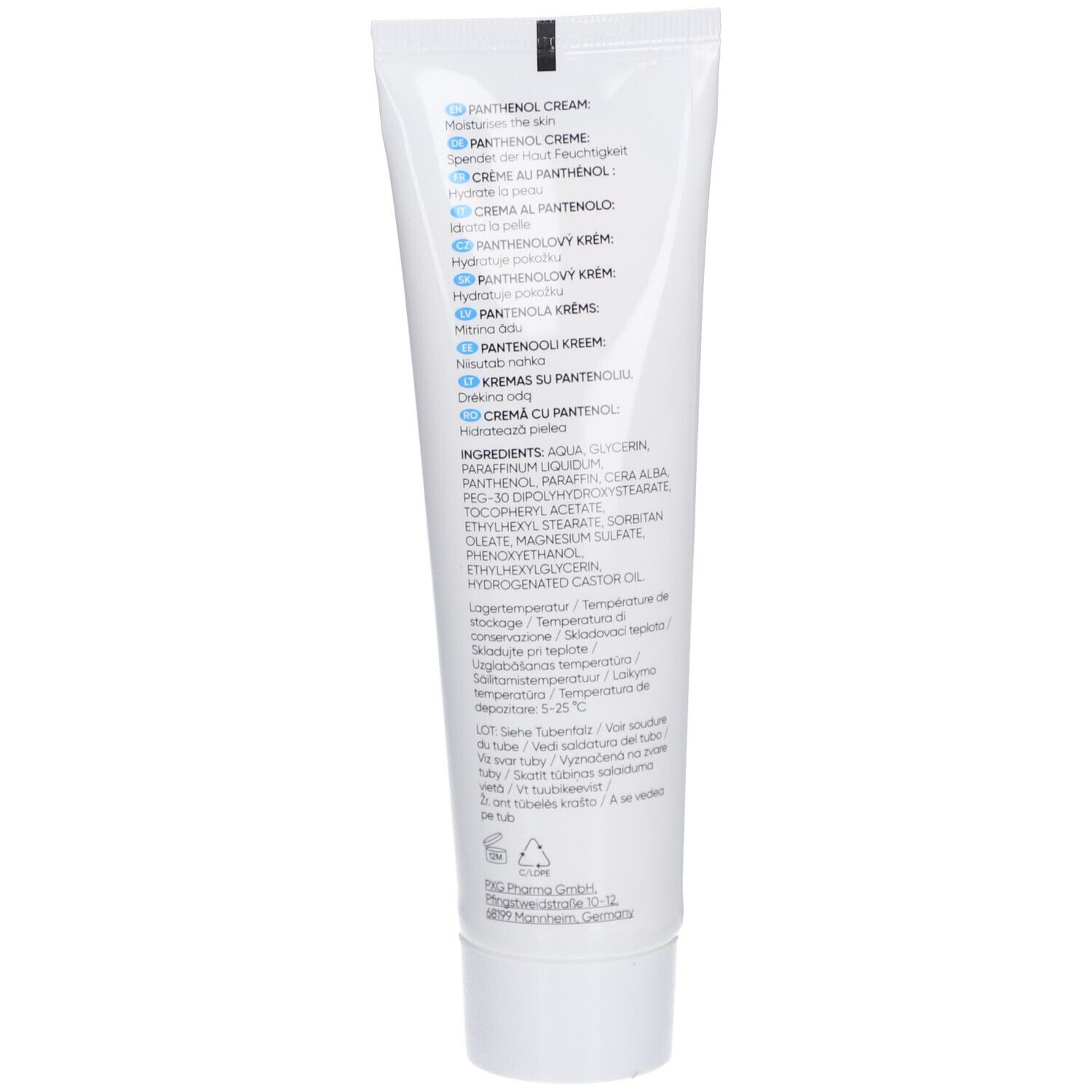 Rückseite der Creme-Tube. Enthält Produktinformationen, Inhaltsstoffe und Herstellerangaben. Mehrsprachiger Text.