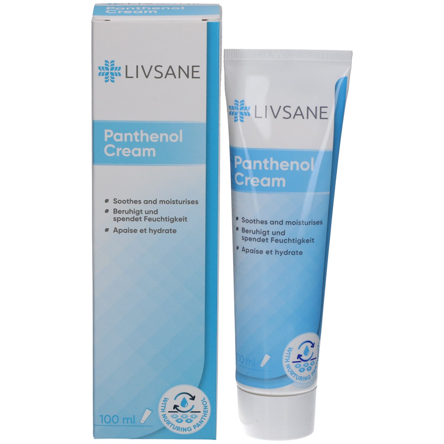 Produktverpackung mit Creme-Tube und Karton. LIVSANE-Logo und Produktname. Blaue und weiße Farbgebung.