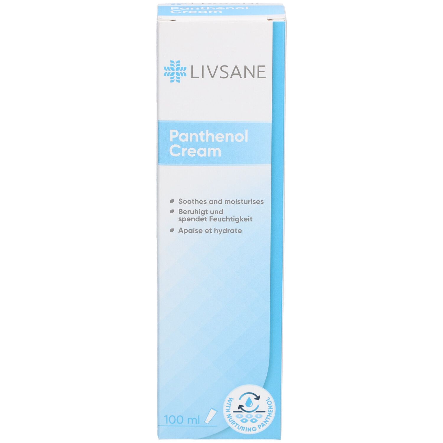 Kartonverpackung mit LIVSANE-Logo und Produktname. Blaue und weiße Farbgebung. Enthält Informationen zur Anwendung.