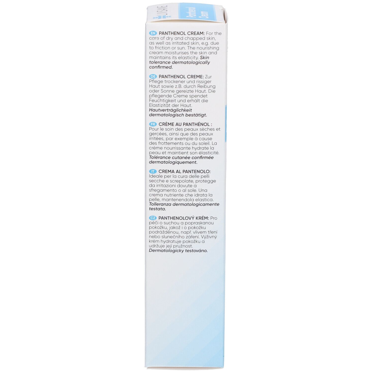 Seite der Kartonverpackung. Enthält Produktinformationen in mehreren Sprachen. Blaue und weiße Farbgebung.