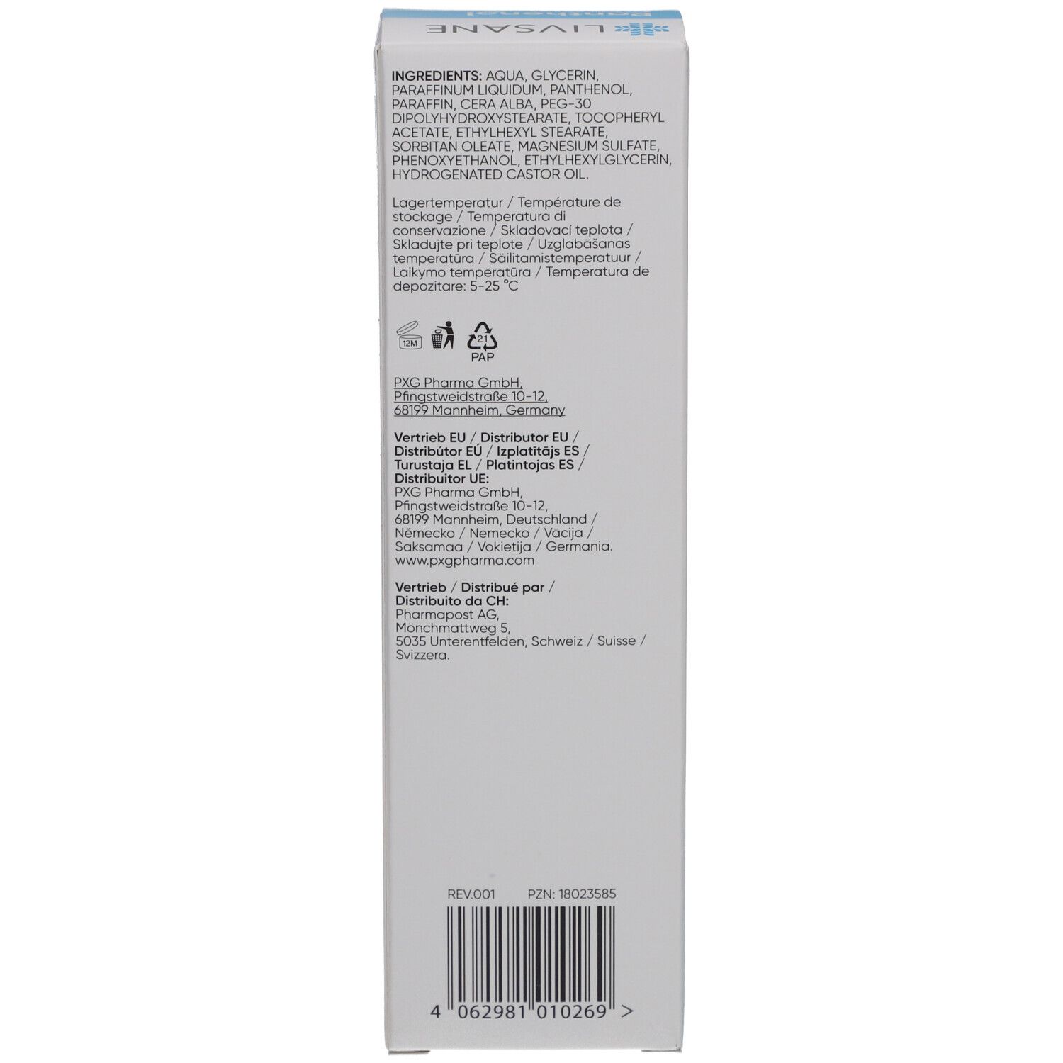 Seite der Kartonverpackung. Enthält Inhaltsstoffe, Herstellerangaben und Lagerungshinweise. Mehrsprachiger Text.