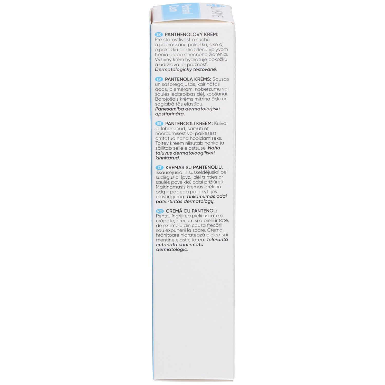 Seite der Kartonverpackung. Enthält Produktinformationen in mehreren Sprachen. Blaue und weiße Farbgebung.