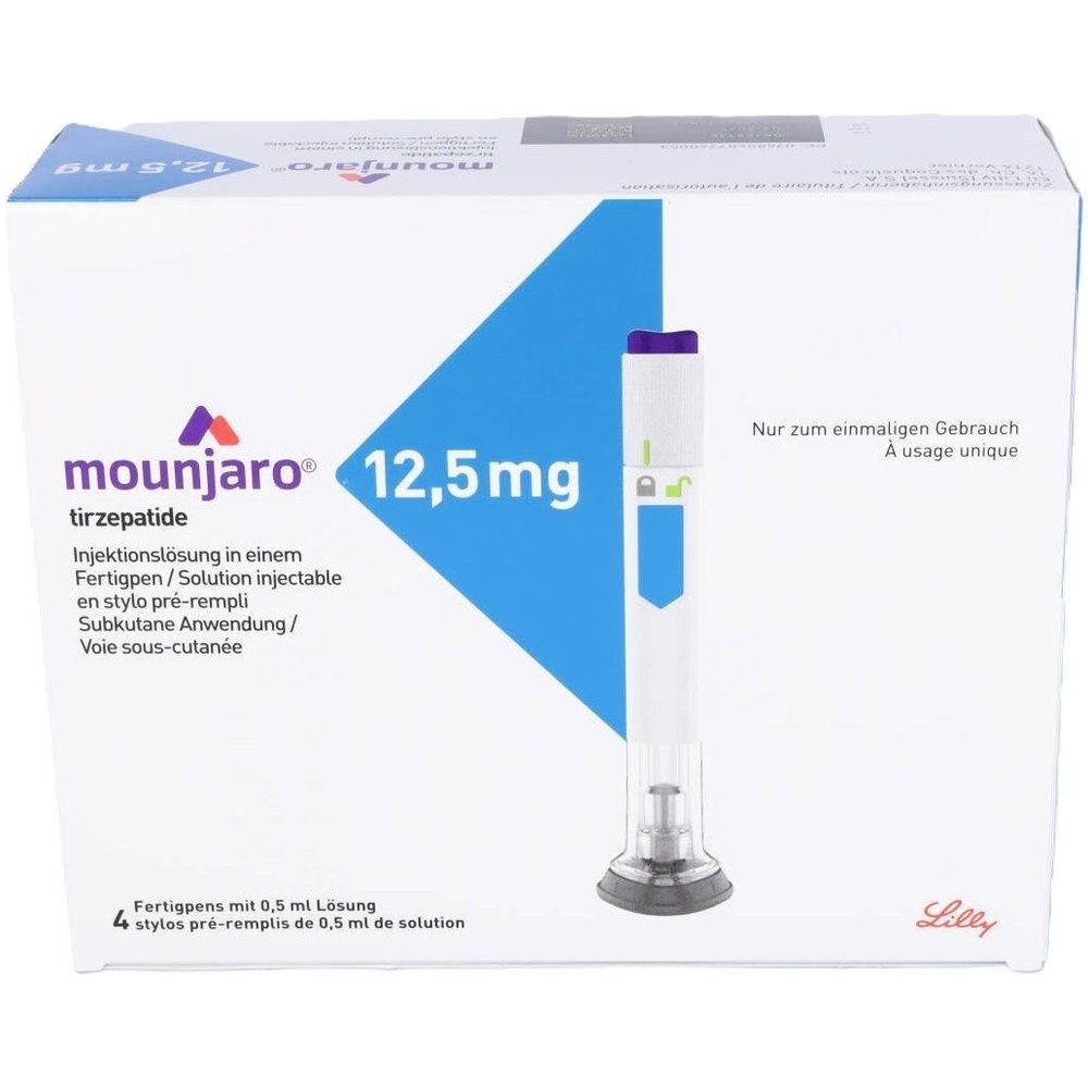 Verpackung von Mounjaro 12,5 mg Injektionslösung. Enthält 4 Fertigpens. Aufschrift: Nur zum einmaligen Gebrauch.