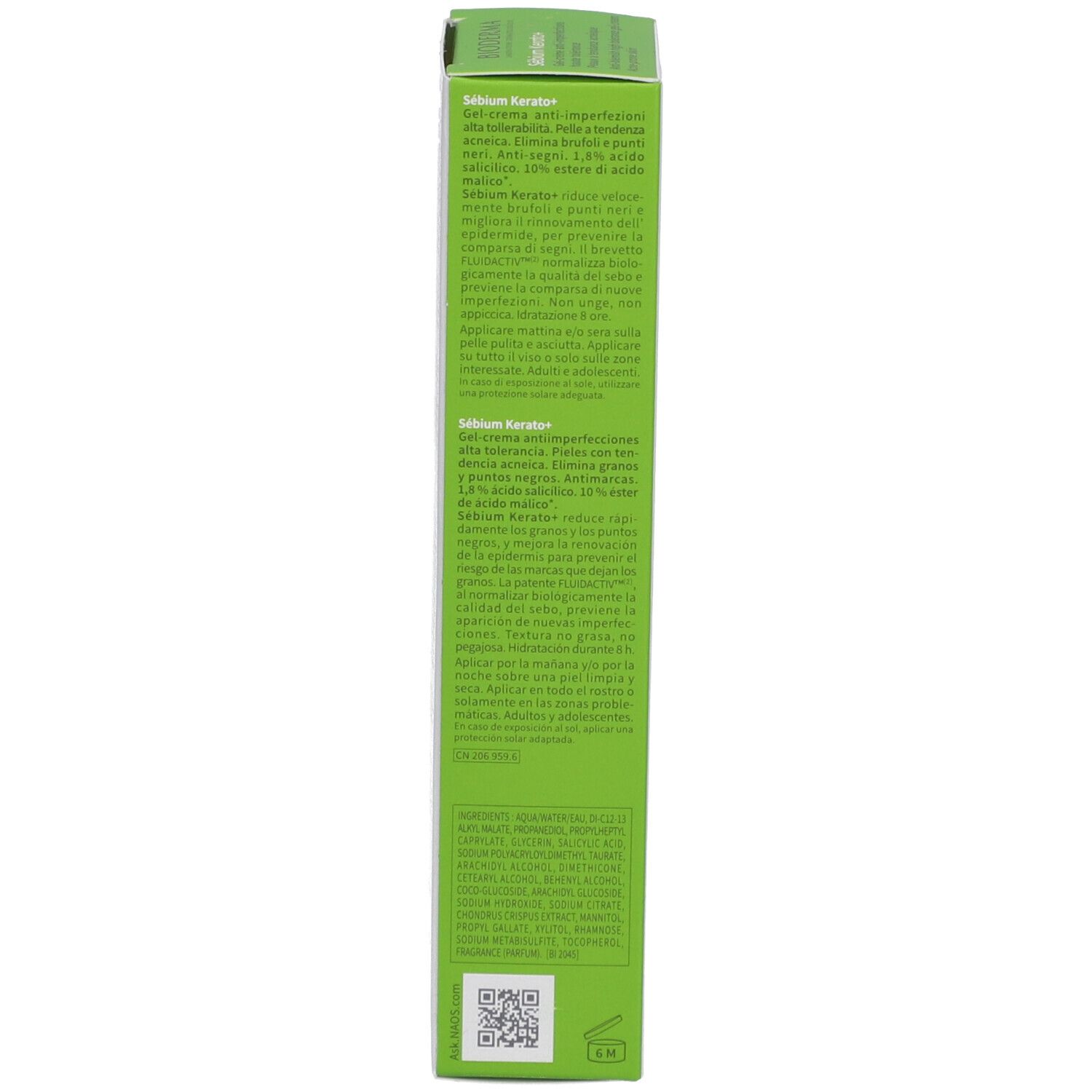Seite der Verpackung BIODERMA Sébium Kerato+. Text mit Produktinformationen. Grüne Schachtel mit weißer Schrift.