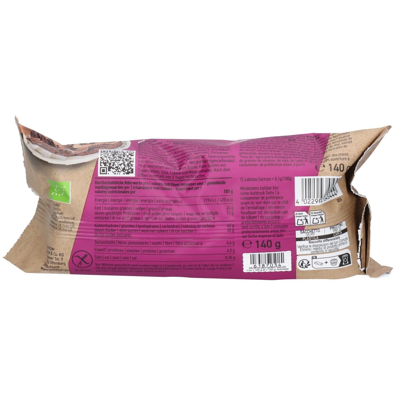 Rückseite einer Packung Schnitzer Bio Muffin Schoko, glutenfrei. Nährwertangaben sichtbar.