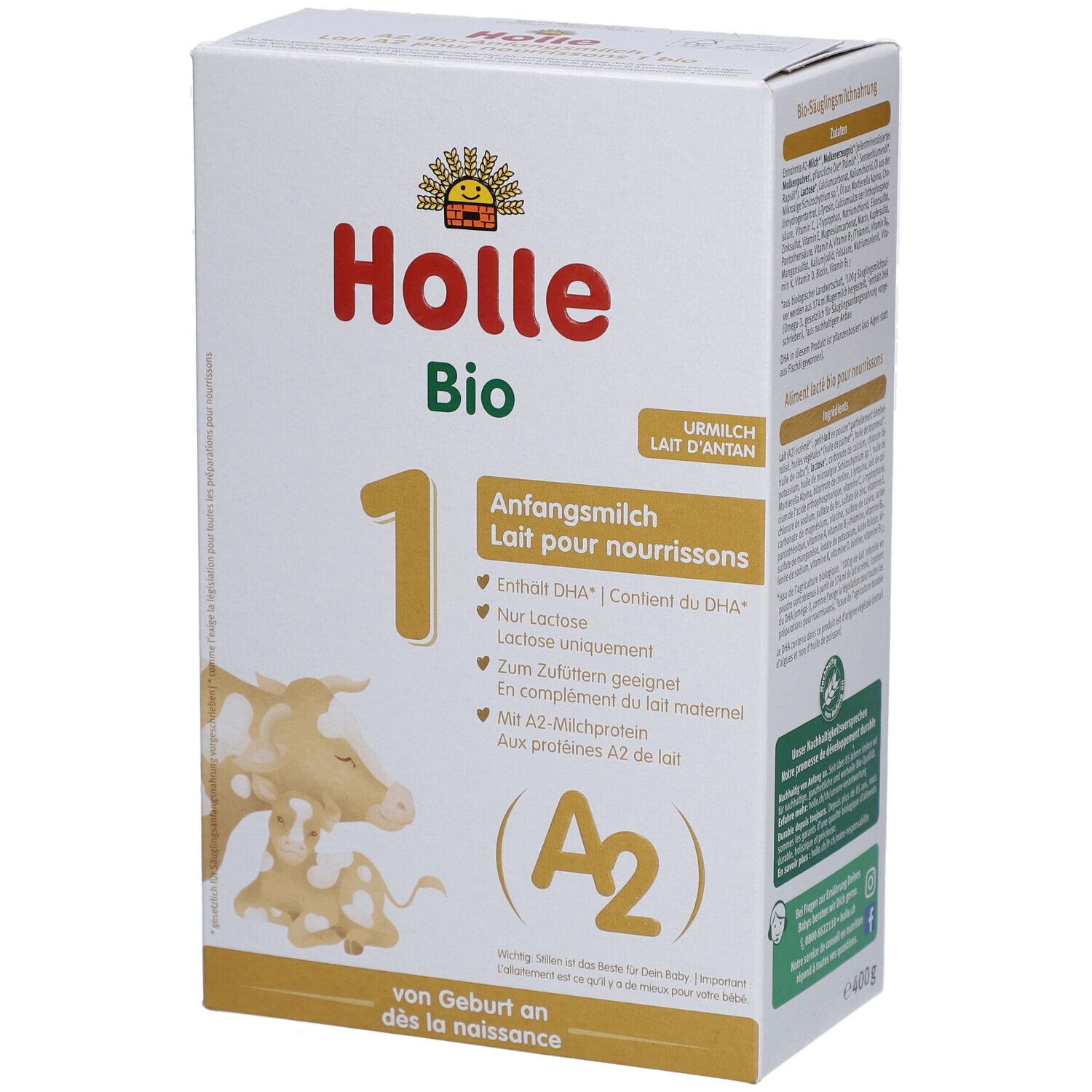 Holle Bio 1 Anfangsmilch-Packung. Enthält DHA, A2-Milchproteine. Bio-Siegel. Für Babys ab Geburt.