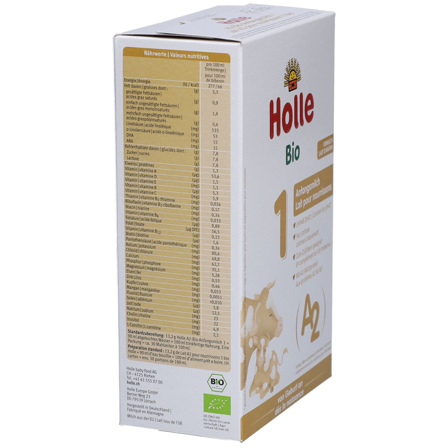 Holle Bio 1 Packung, Seitenansicht. Nährwerttabelle und Bio-Siegel sichtbar. Enthält Informationen.