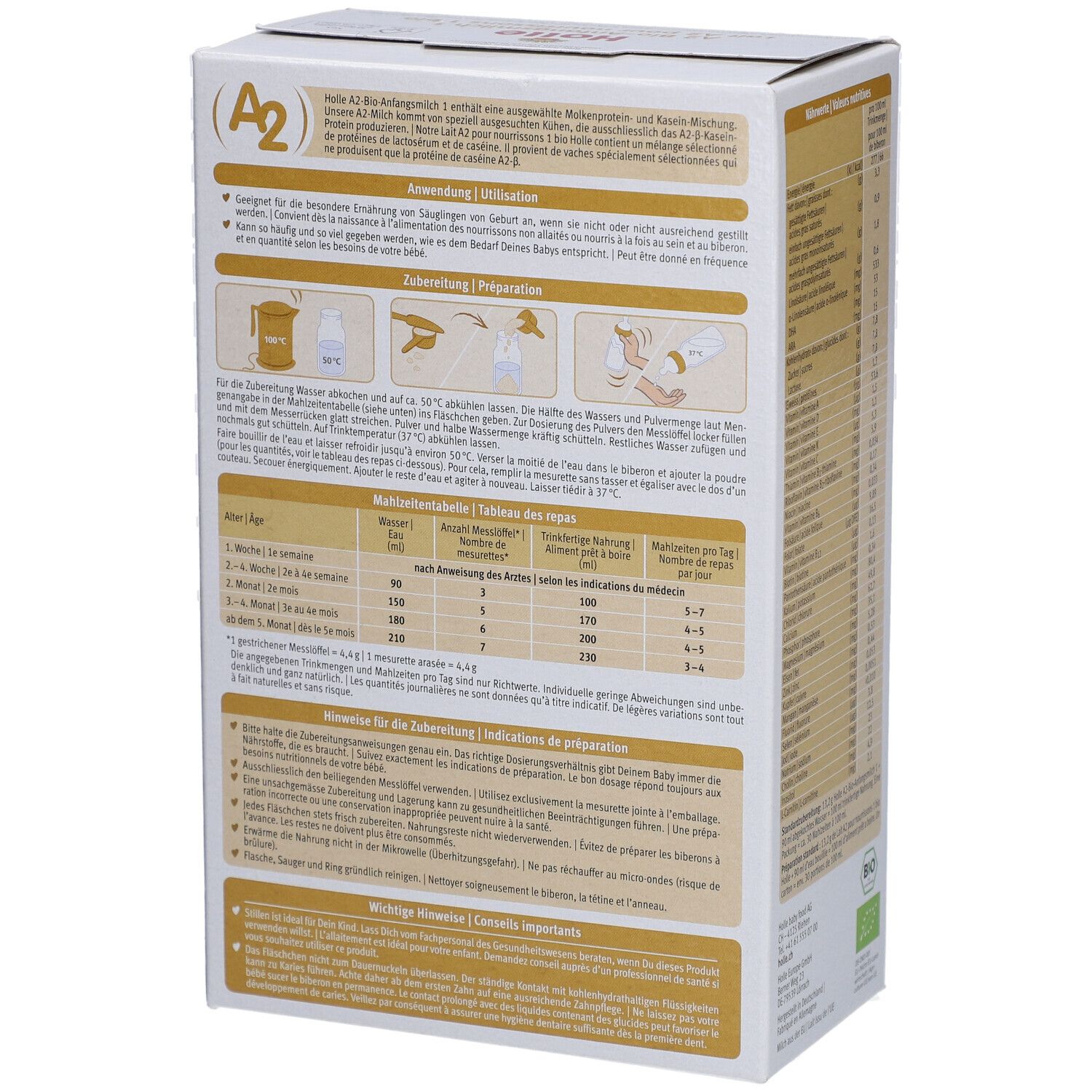 Rückseite der Holle Bio 1 Packung. Zubereitungshinweise und Nährwerttabelle. Text in Deutsch und Französisch.