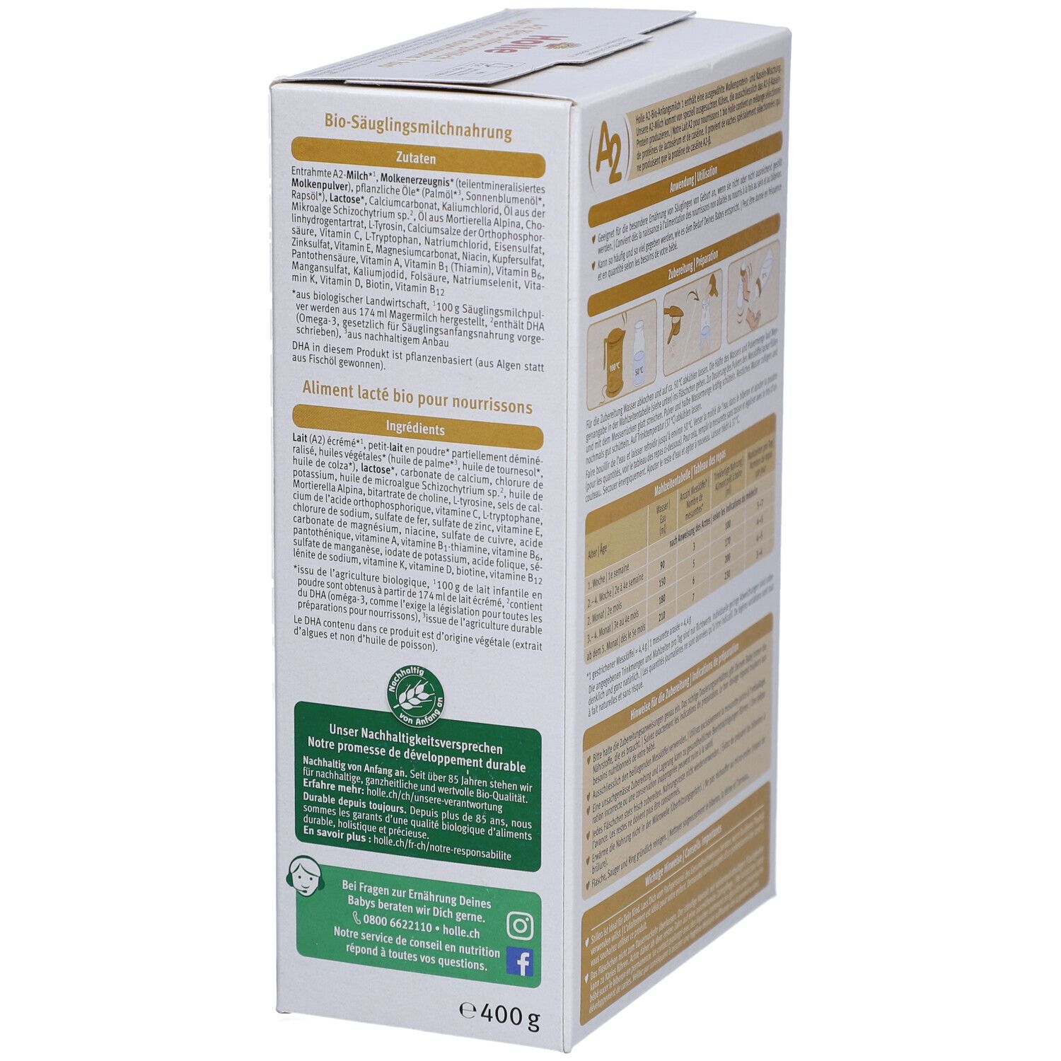 Seite der Holle Bio 1 Packung. Zutatenliste, Nährwertangaben und Bio-Siegel. Text in mehreren Sprachen.
