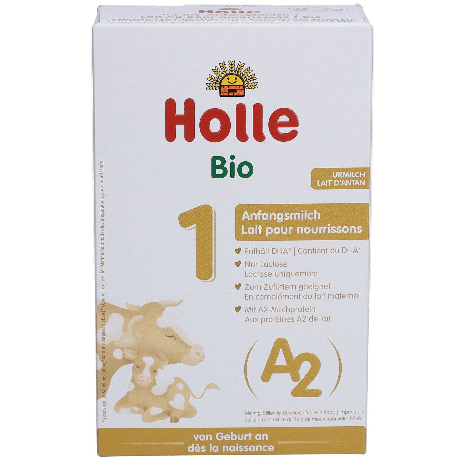 Holle Bio 1 Anfangsmilch-Packung. Enthält DHA, A2-Milchproteine. Bio-Siegel. Für Babys ab Geburt.