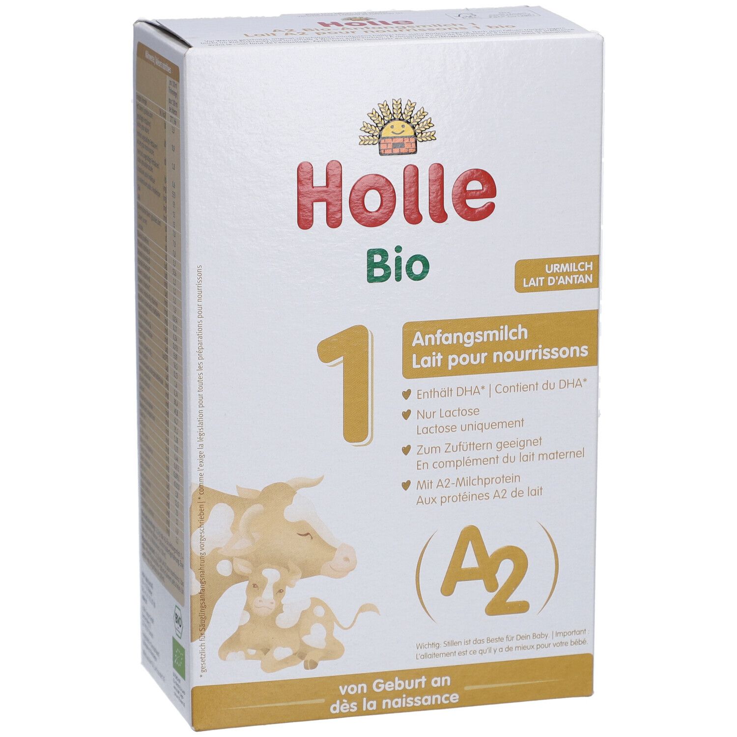 Holle Bio 1 Anfangsmilch-Packung. Enthält DHA, A2-Milchproteine. Bio-Siegel. Für Babys ab Geburt.