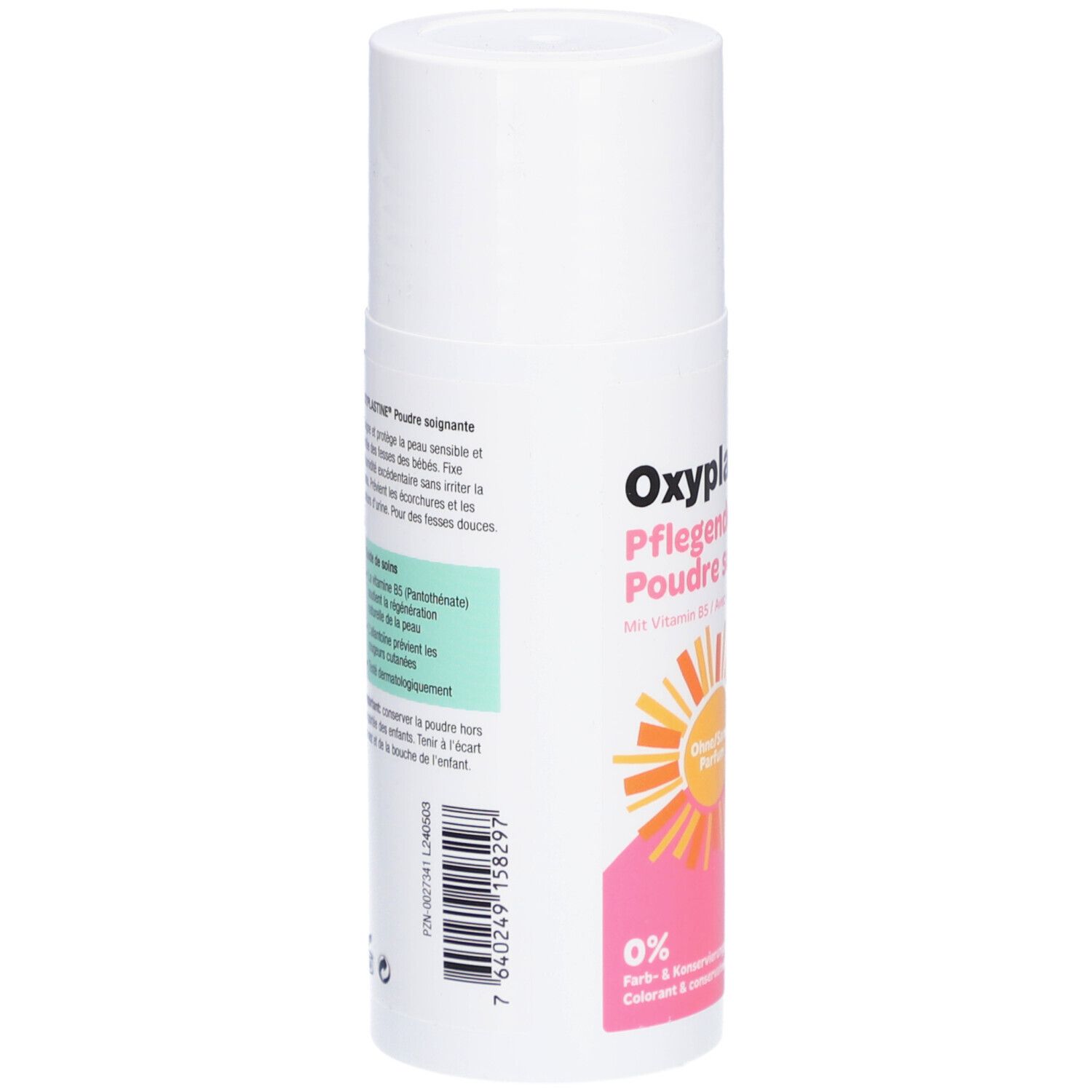 Oxyplastin Pflegender Puder. Rückseite der Dose mit Produktinformationen, Inhaltsstoffen und Herstellerangaben.