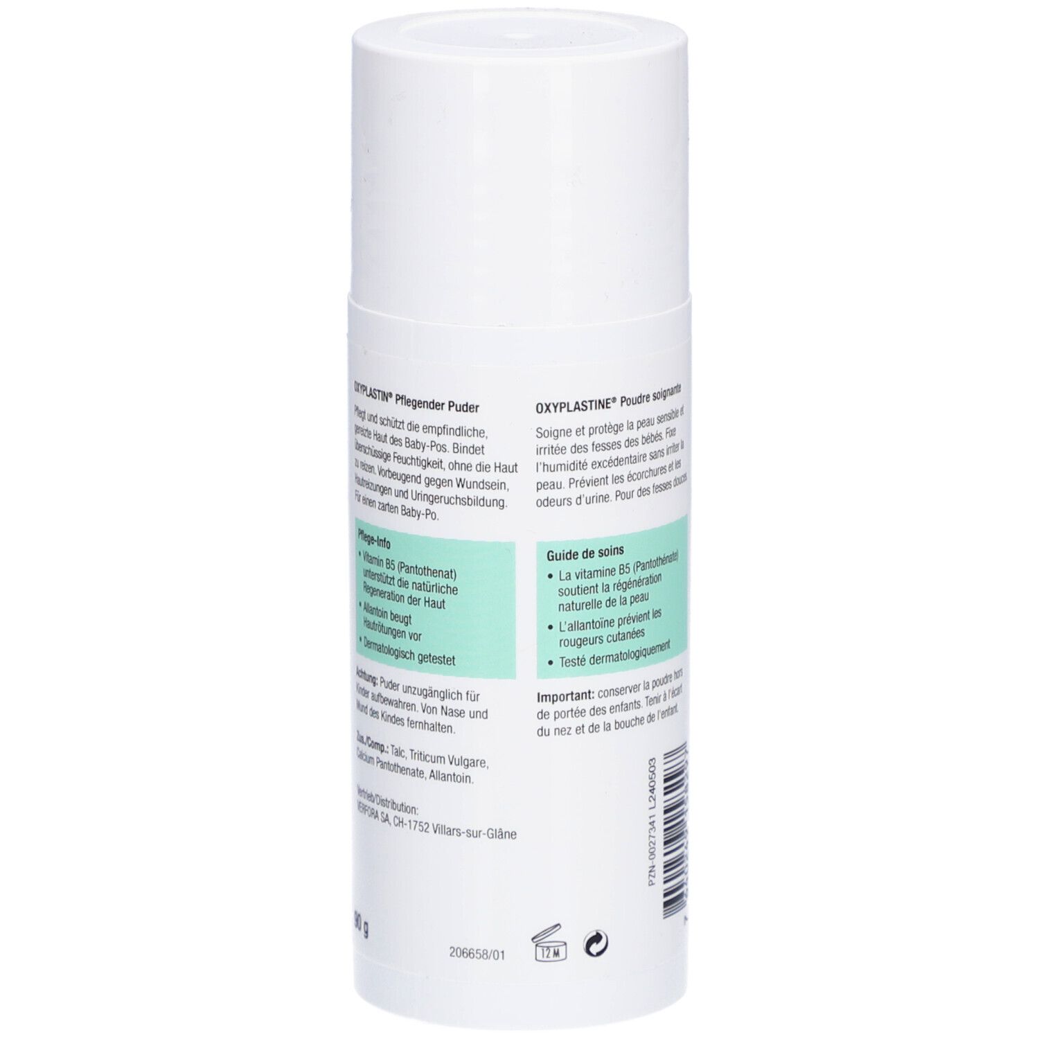 Oxyplastin Pflegender Puder. Rückseite der Dose mit Produktinformationen, Inhaltsstoffen und Herstellerangaben.
