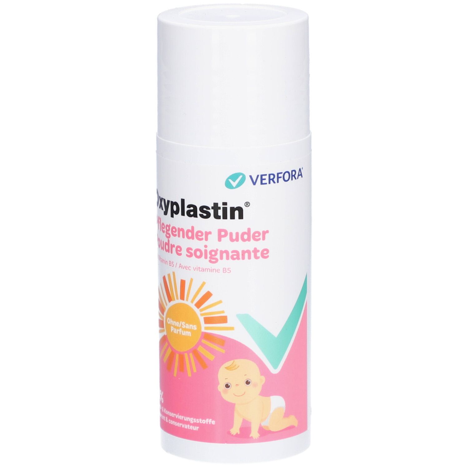 Oxyplastin Pflegender Puder. Weiße Dose mit Produktnamen, Baby-Illustration und Inhaltsangaben. Ohne Parfum.