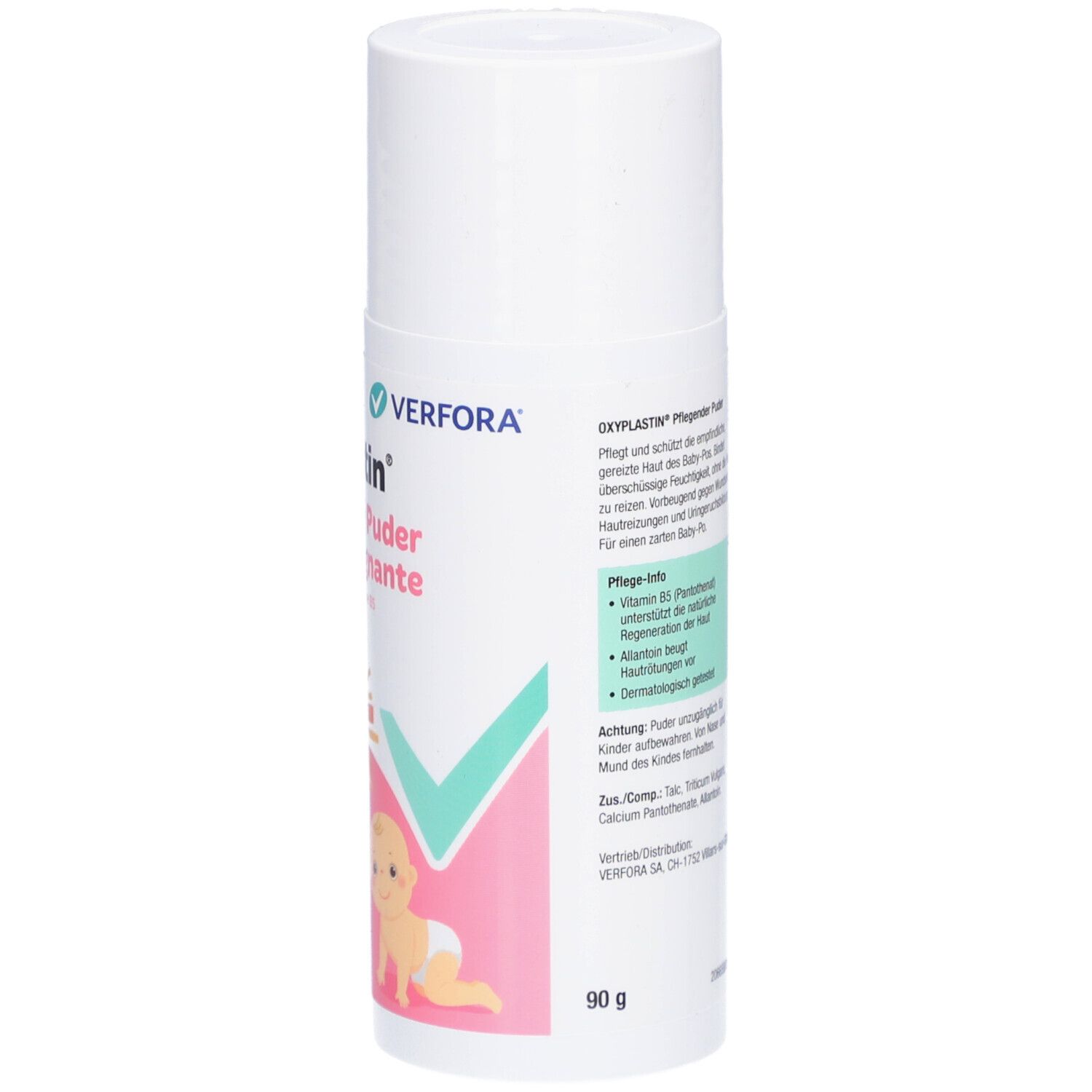 Oxyplastin Pflegender Puder. Dose mit Produktnamen, Baby-Illustration und Inhaltsangaben. 90g.