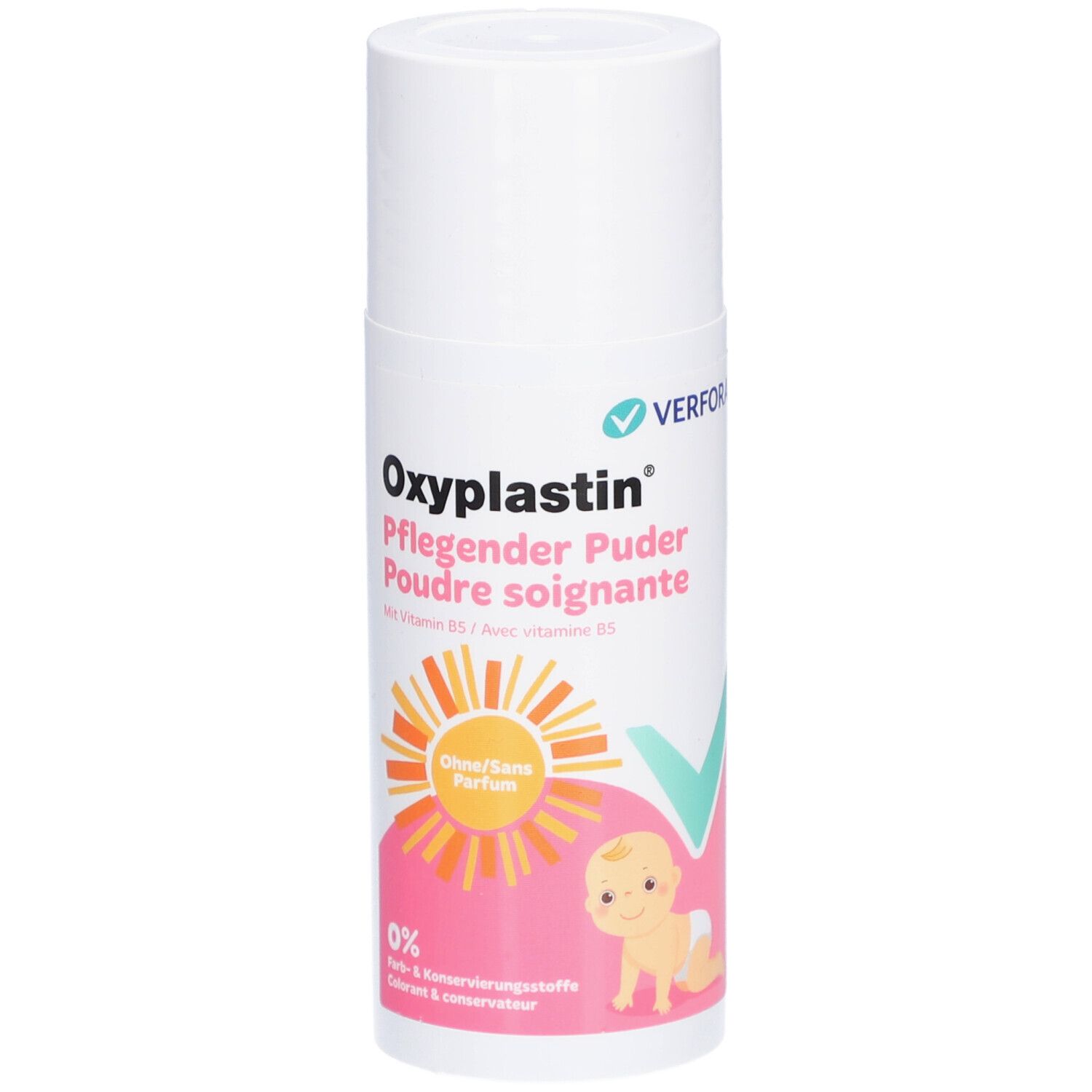 Oxyplastin Pflegender Puder. Weiße Dose mit Produktnamen, Baby-Illustration und Inhaltsangaben. Ohne Parfum.