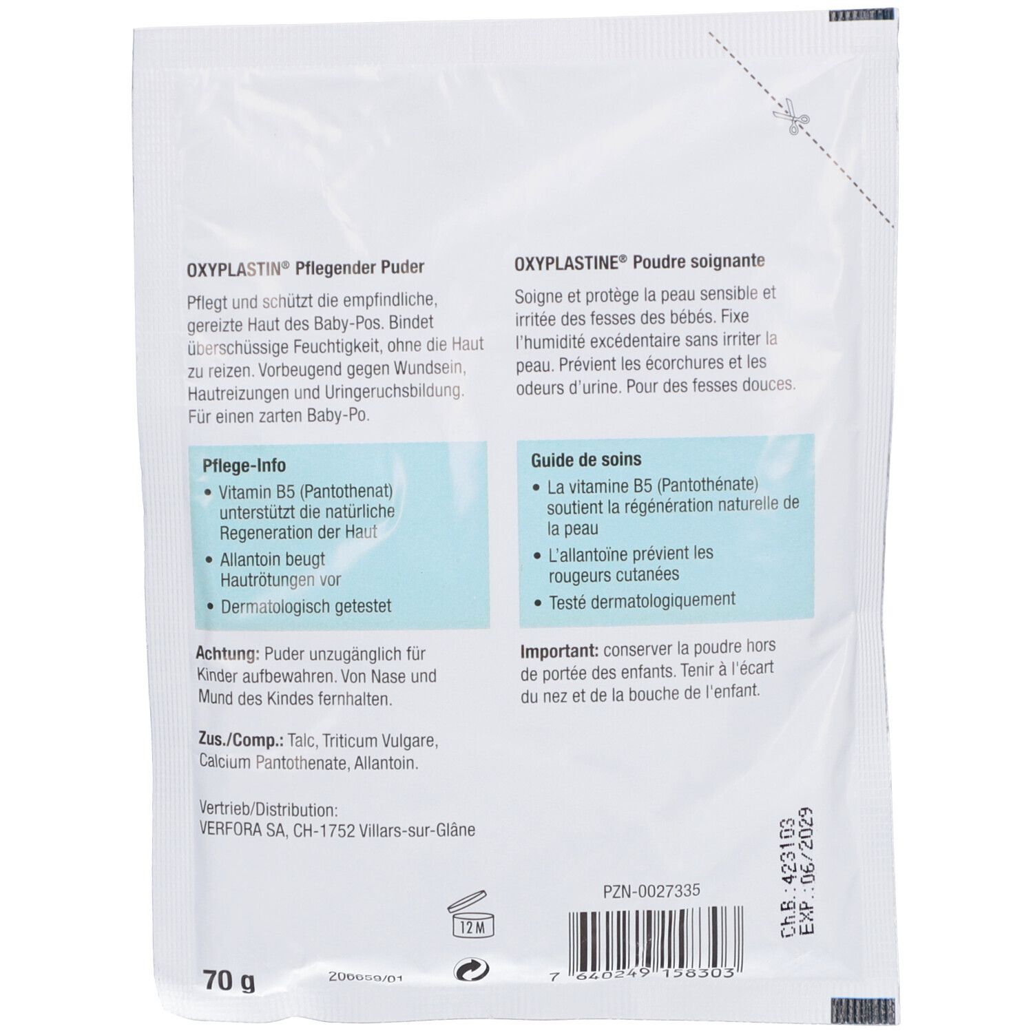 Rückseite des Oxyplastin Pflegender Puder-Beutels. Textabschnitte, Inhaltsstoffe, Gebrauchsanweisung. 70g.