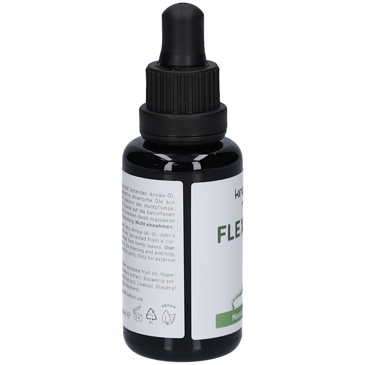 Braune Glasflasche mit schwarzem Verschluss und Pipette. Aufschrift Fleximove, CBD Massageöl. Text mit Inhaltsstoffen.