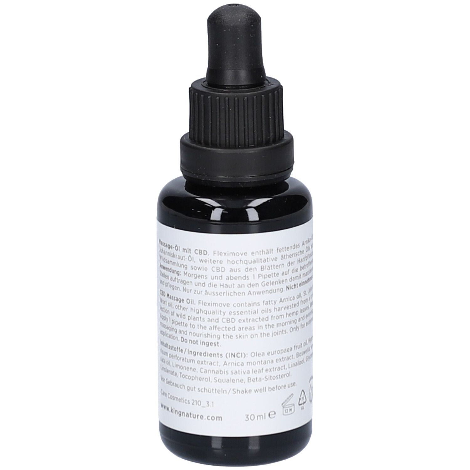 Braune Glasflasche mit schwarzem Verschluss und Pipette. Text mit Inhaltsstoffen und Anwendungshinweisen. 30ml.