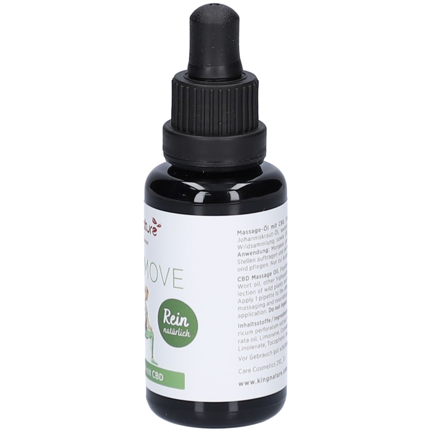 Braune Glasflasche mit schwarzem Verschluss und Pipette. Aufschrift Fleximove, CBD Massageöl. Text mit Inhaltsstoffen.